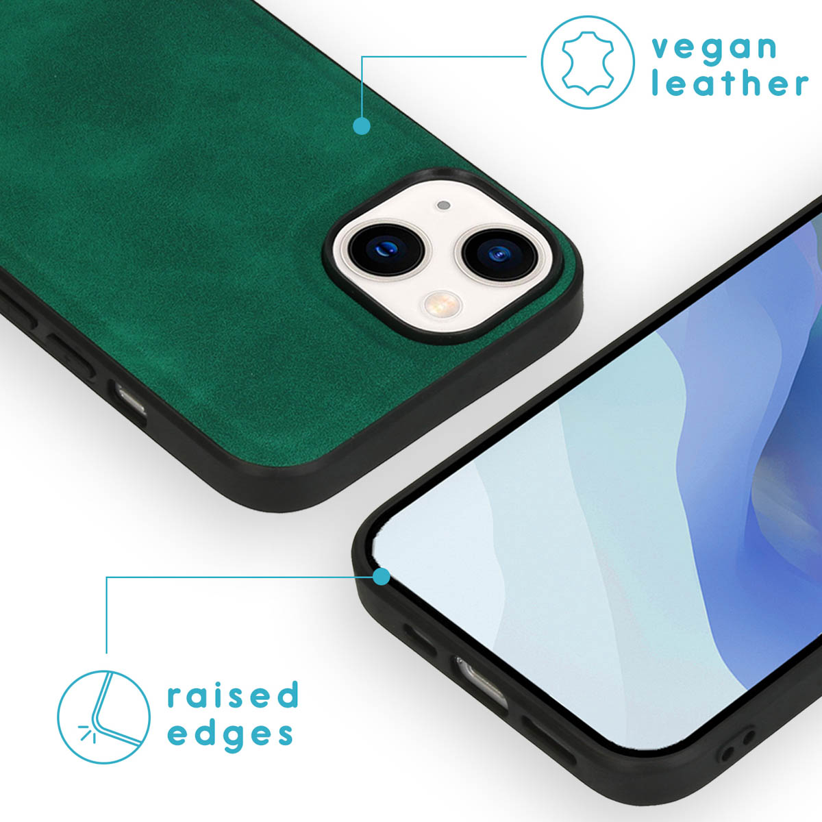 Grüne vegane Leder-Handyhülle mit schwarzen Rändern und einem Telefonbildschirm.