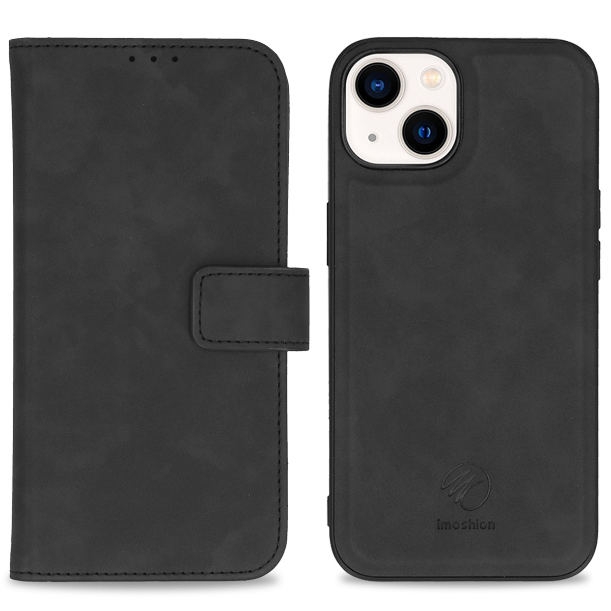 Eine schwarze Handyhülle im Brieftaschen-Design. Sie hat eine Klappe und einen Knopfverschluss.