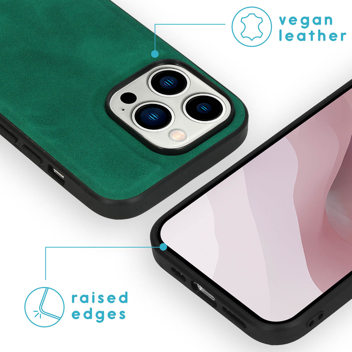 Groen telefoonhoesje met een zwarte rand, de telefoon met opstaande randen.