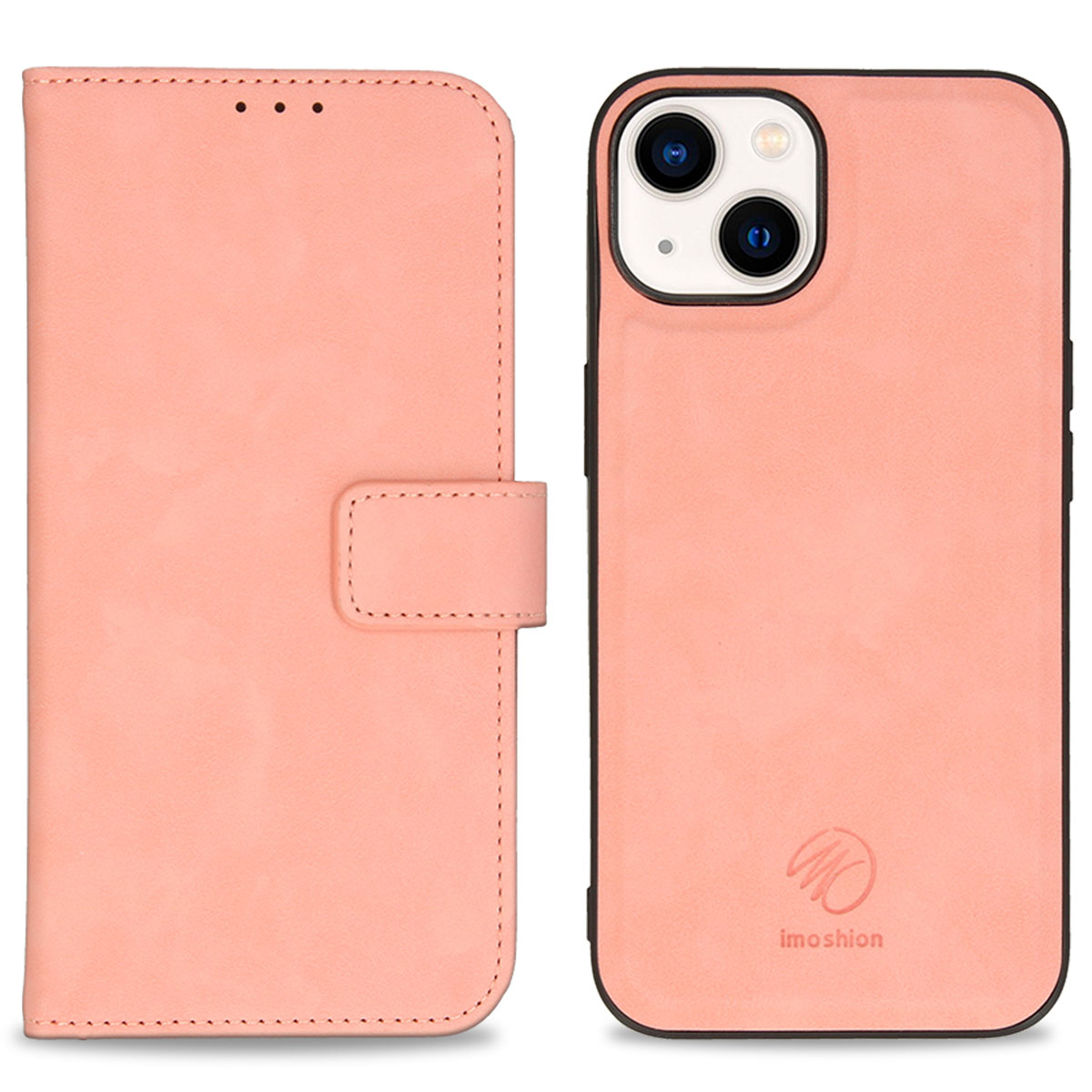Offene rosa Brieftasche und ein Telefon auf weißem Hintergrund. Ein Knopf ist sichtbar.