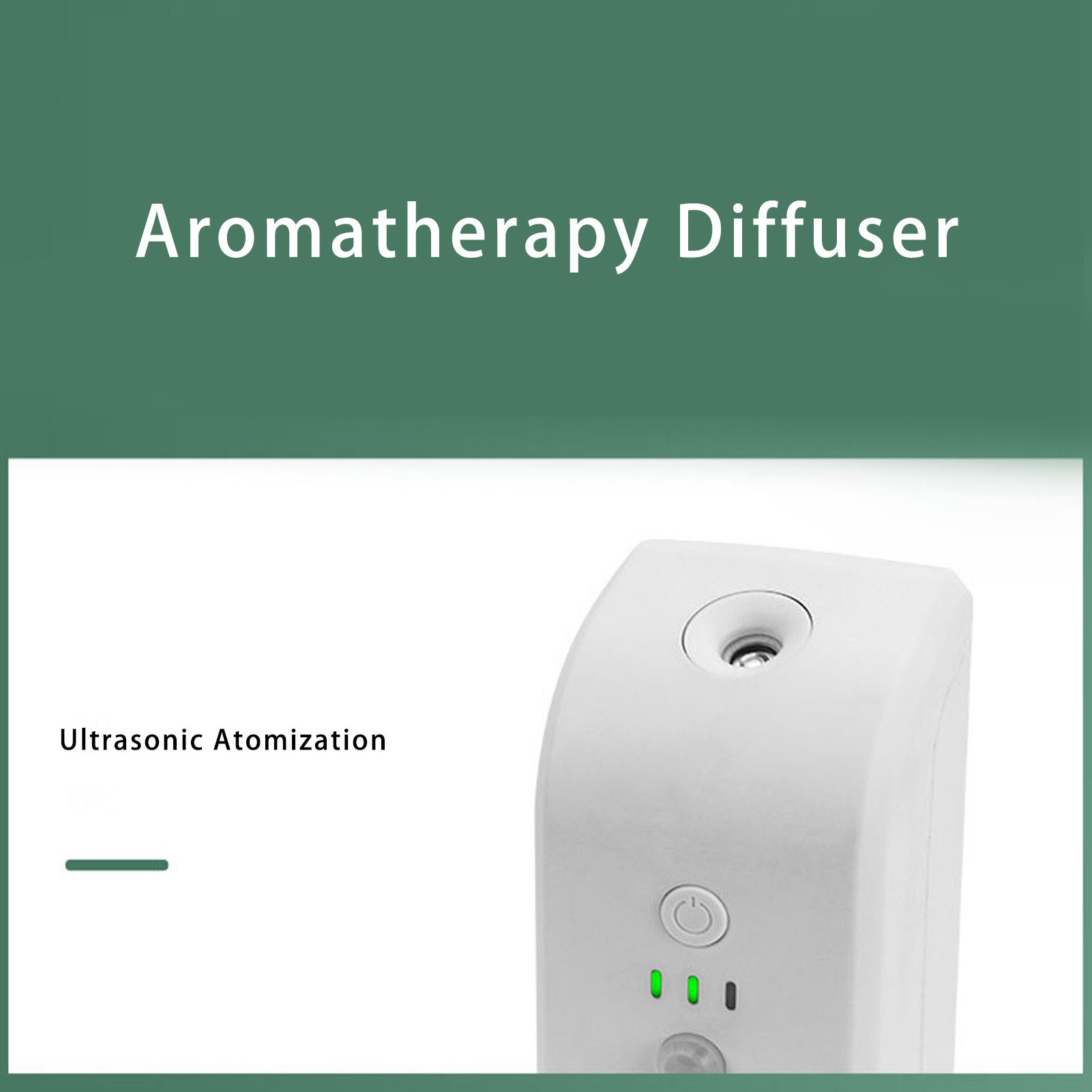 Ein weißer Aromatherapie-Diffusor. Der Diffusor ist mit grünen Lichtern an und es gibt eine Nahaufnahme der Oberseite.