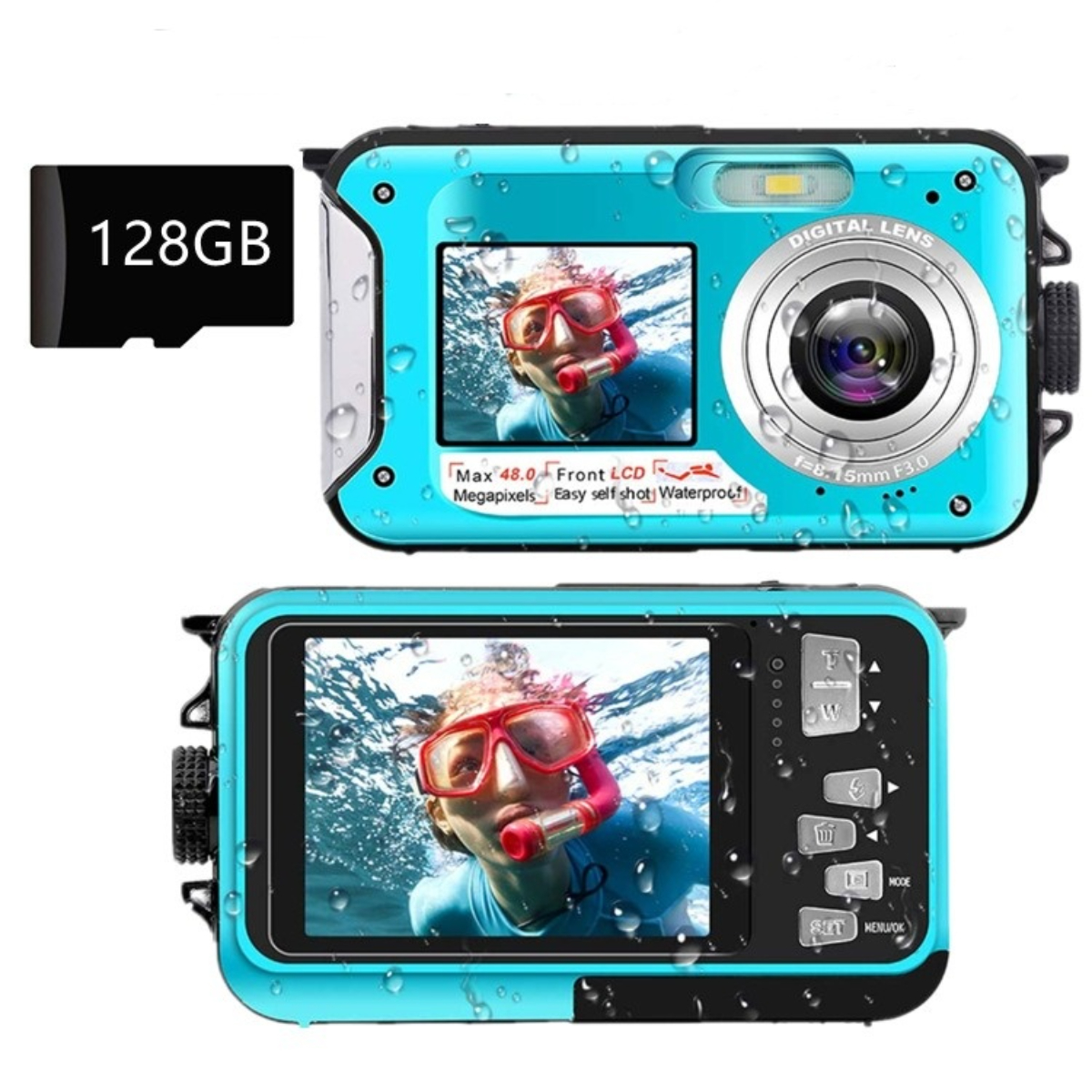 Eine blaue wasserdichte Kamera mit einer Person mit Tauchmaske auf dem Bildschirm. Eine 128GB SD-Karte wird gezeigt.