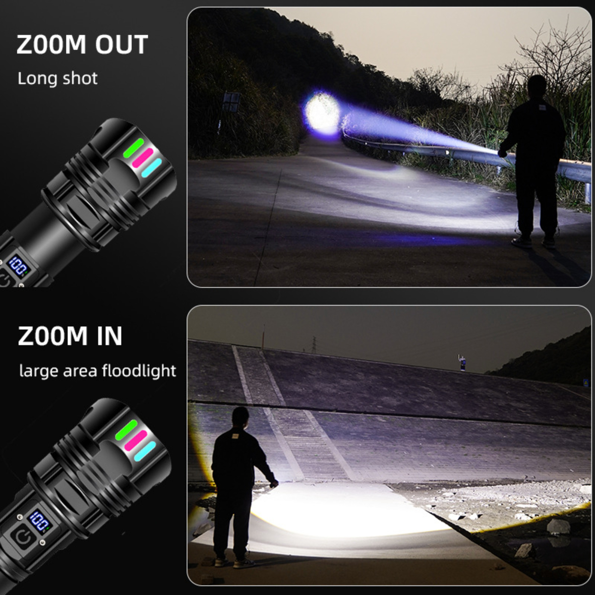 Zwei Bilder einer Taschenlampe, gezoomt und ausgezoomt, die den Lichtstrahl auf einer Straße zeigen.