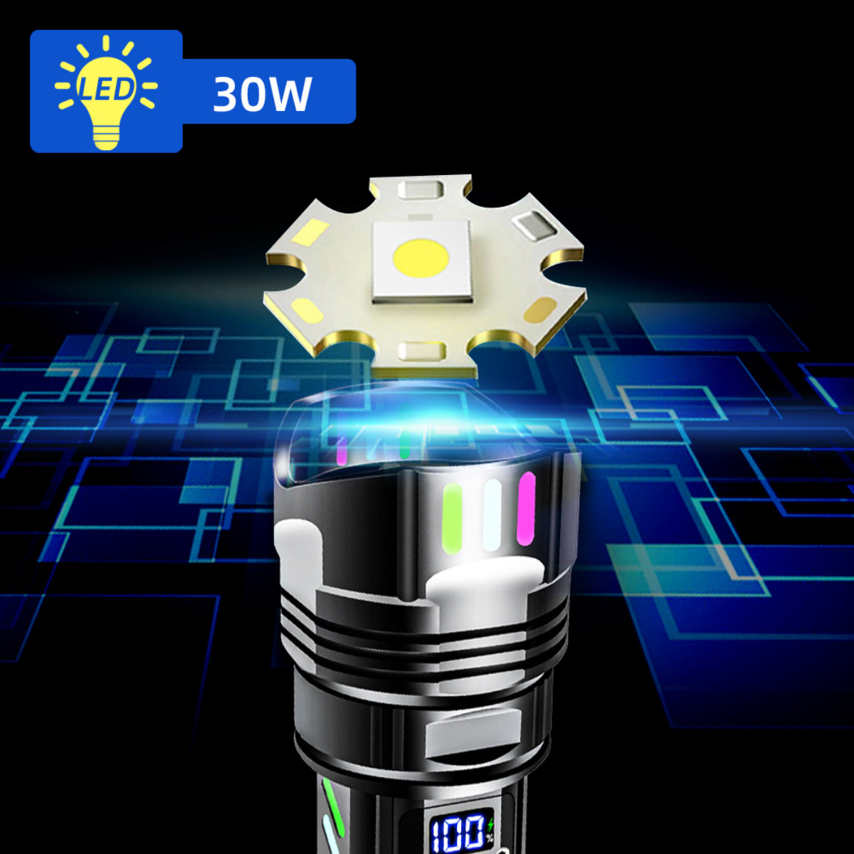 Nahaufnahme einer LED-Leuchte mit Metallgehäuse und leuchtendem LED-Chip.