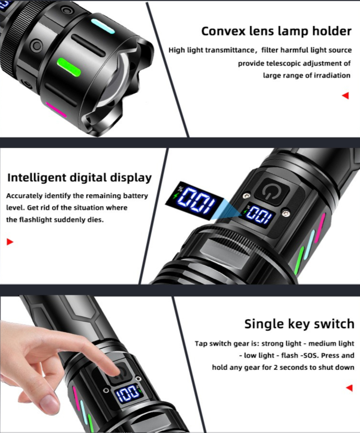 Schwarze Taschenlampe mit hervorgehobenen Funktionen. Sie hat eine Digitalanzeige und verschiedene Schalter.