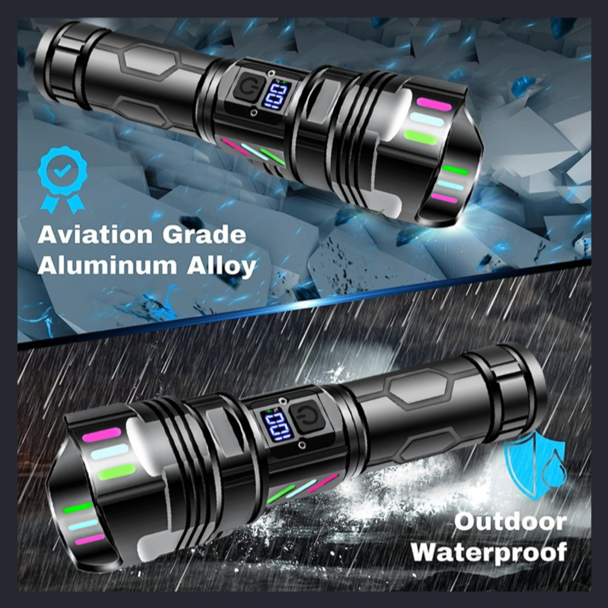 Schwarze Taschenlampe mit Digitalanzeige und Text: Luftfahrt-Aluminiumlegierung. Wasserdicht für draußen.