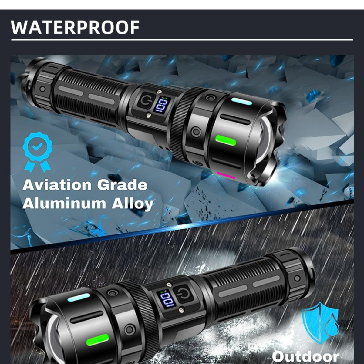 Schwarze wasserdichte Taschenlampe mit Digitalanzeige.