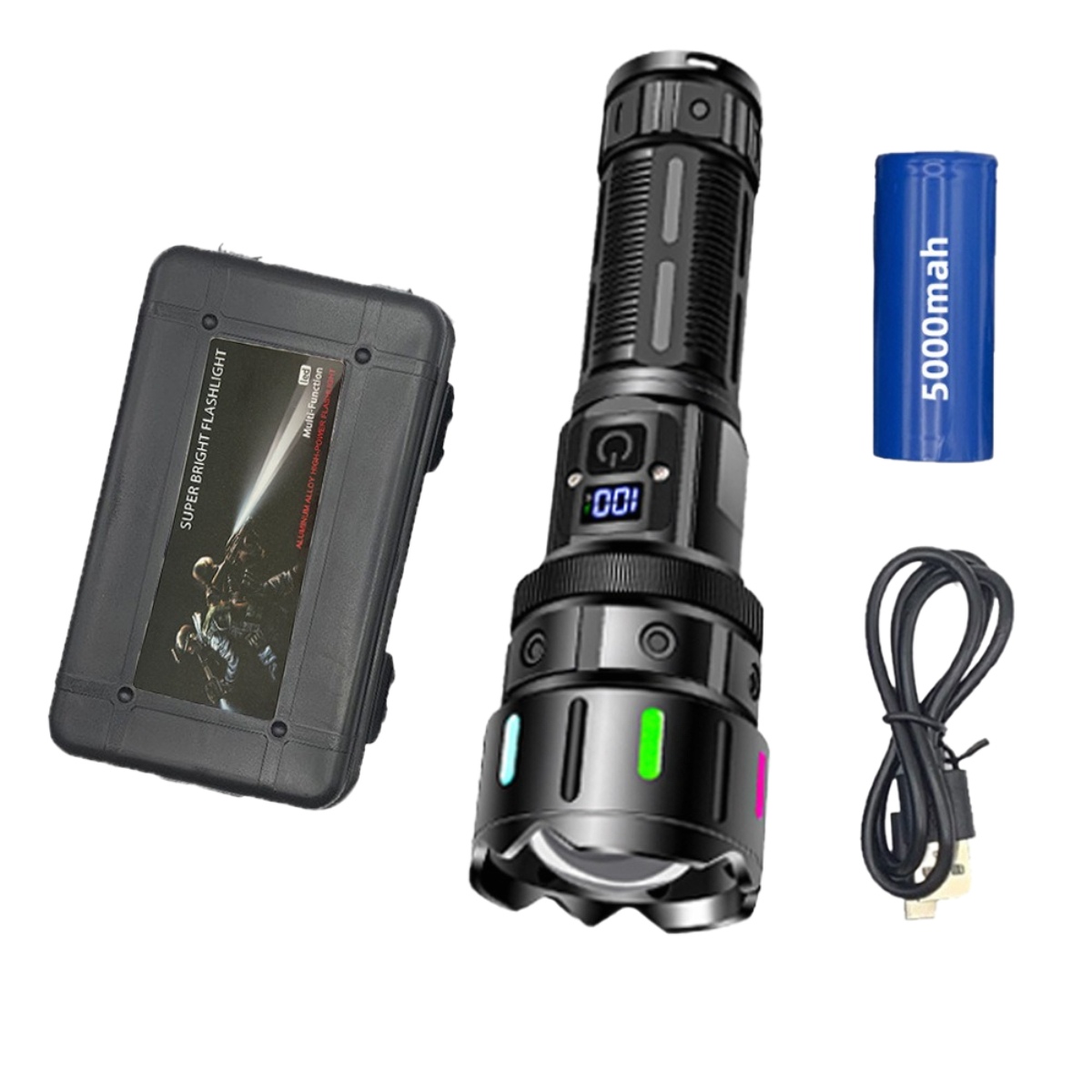 Eine helle Taschenlampe. Es enthält eine Hülle, einen Akku und ein USB-Kabel.