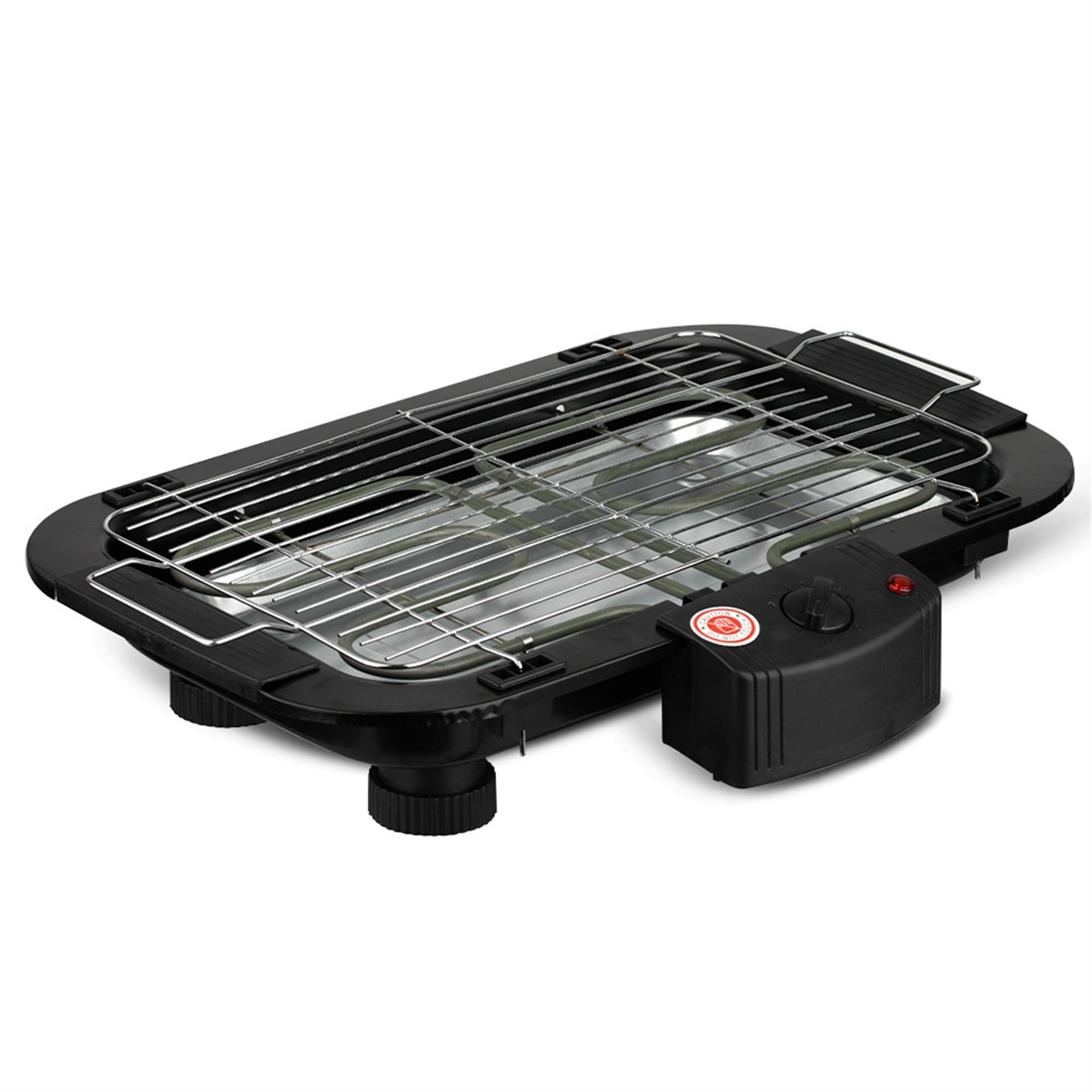 Schwarzer Elektrogrill mit Heizelement und Bedienknopf, auf weißem Hintergrund.