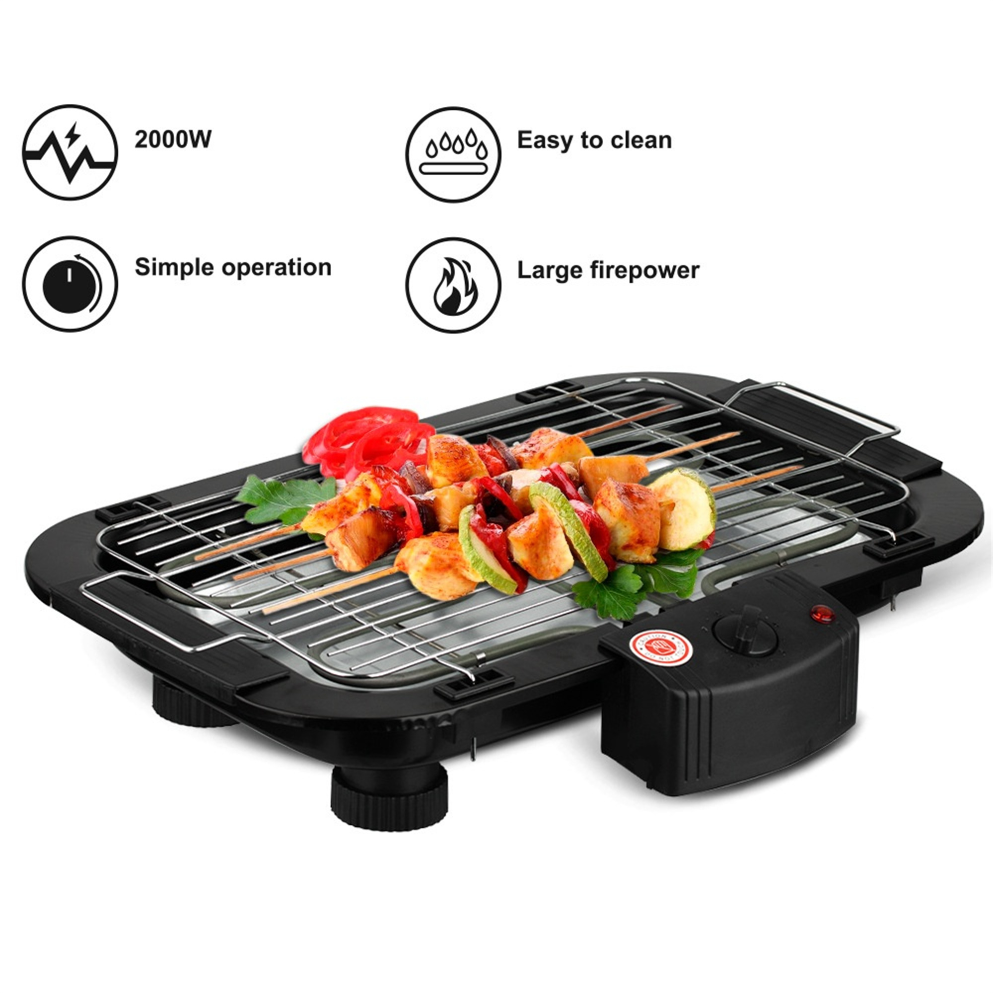Schwarzer Elektrogrill mit Spießen und rotem Pfeffer. Weißer Hintergrund mit Symbolen.