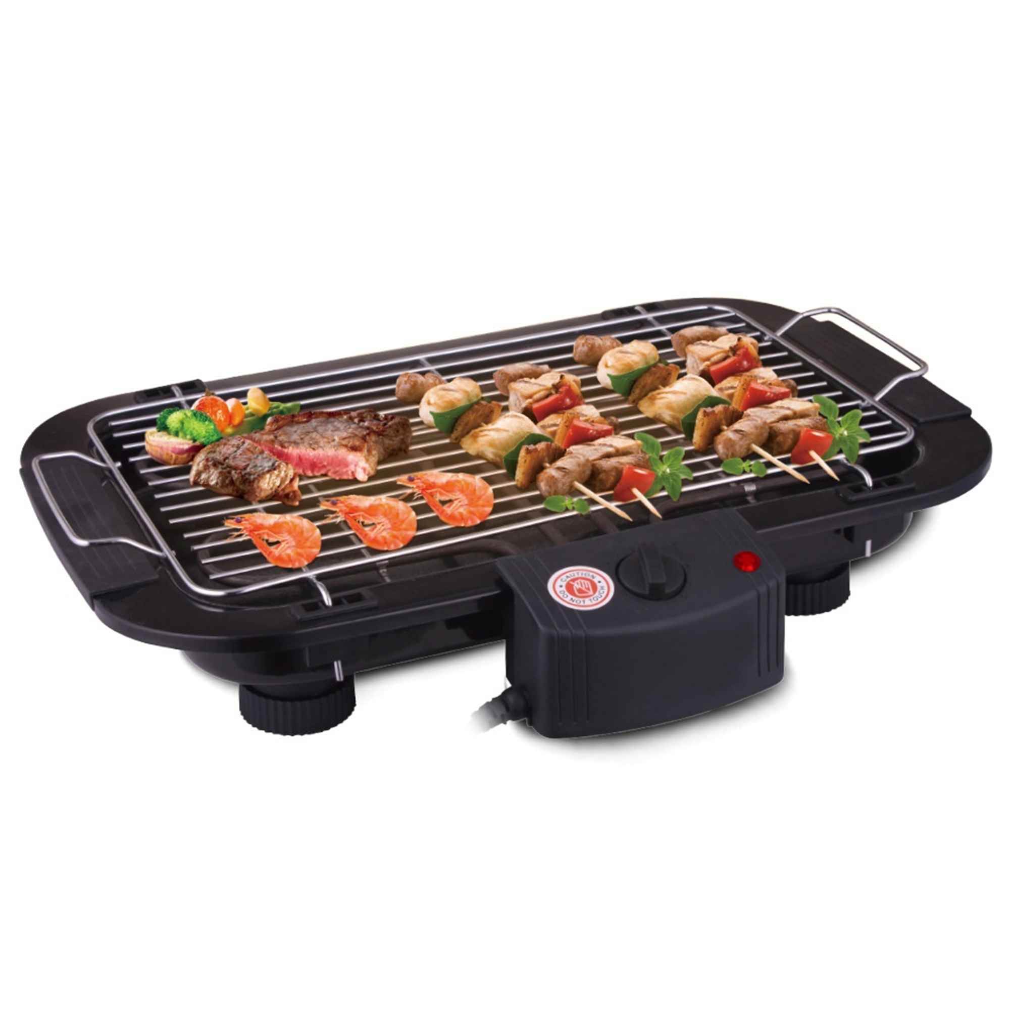 Elektrischer Grill mit verschiedenen gegrillten Speisen: Steak, Garnelen, Gemüse und Spieße, auf schwarzer Oberfläche.