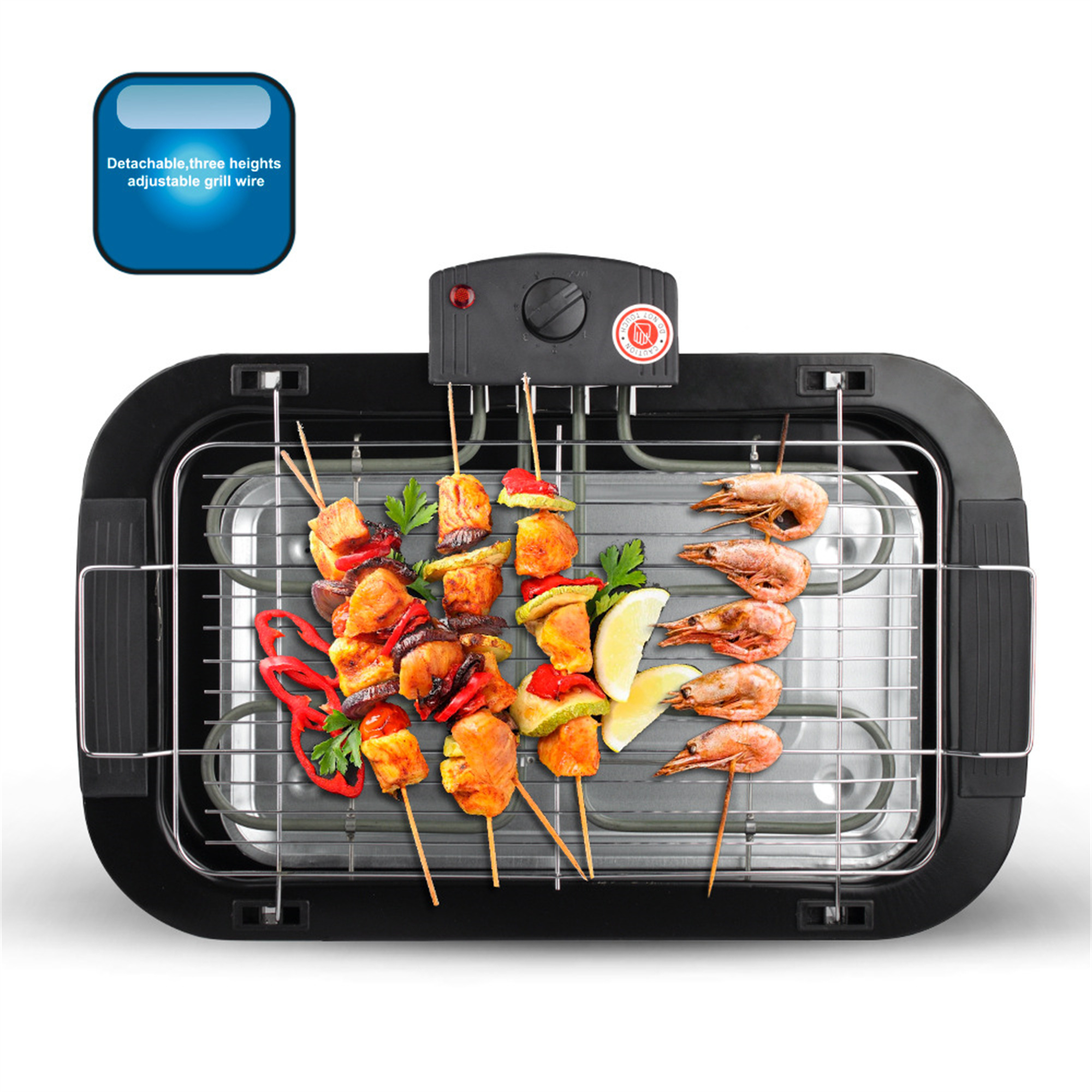 Ein elektrischer Grill mit Spießen mit Essen. Text: 'Abnehmbarer, höhenverstellbarer Grilldraht'.