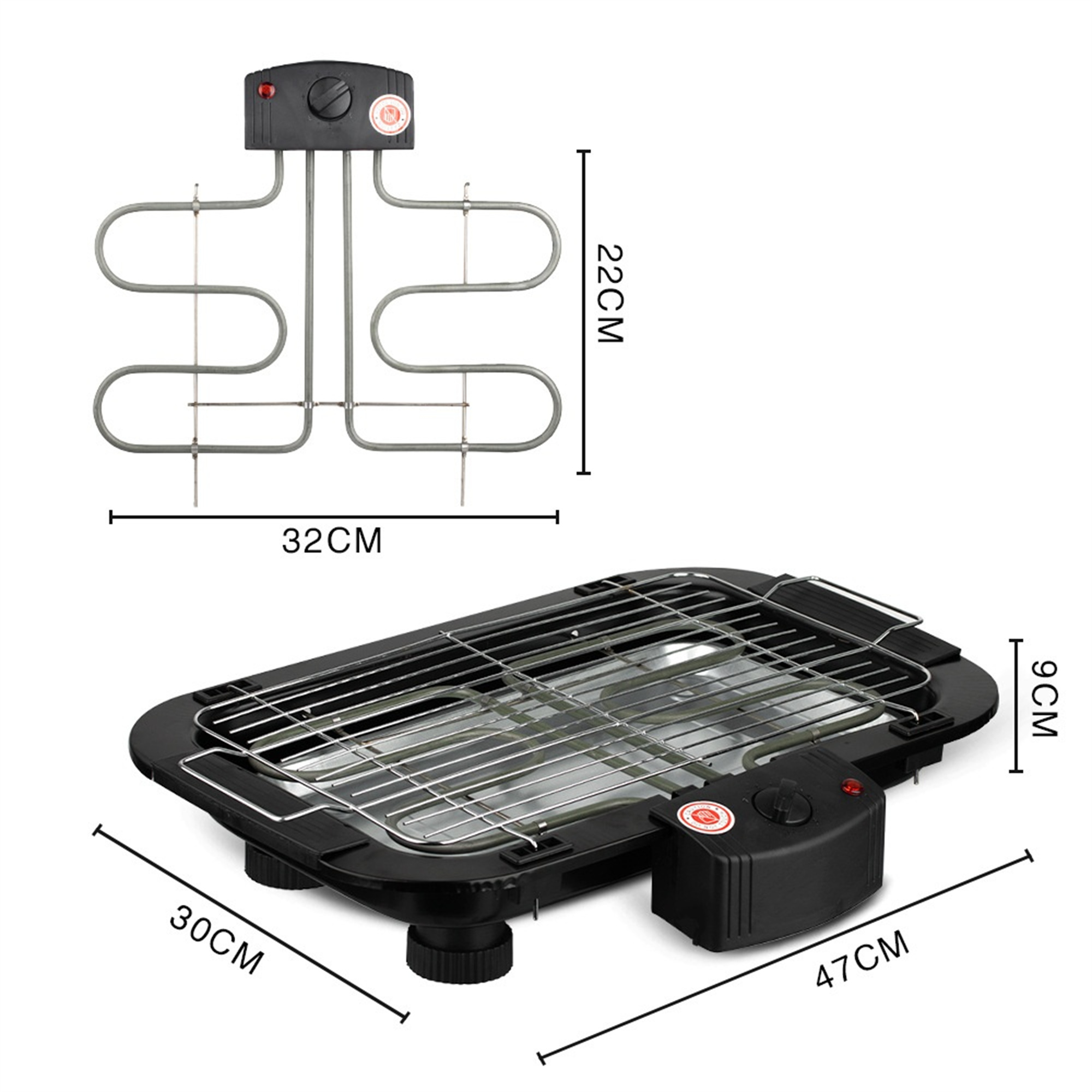 Elektrischer Grill mit Abmessungen. Das Heizelement wird gezeigt und das Bedienfeld.