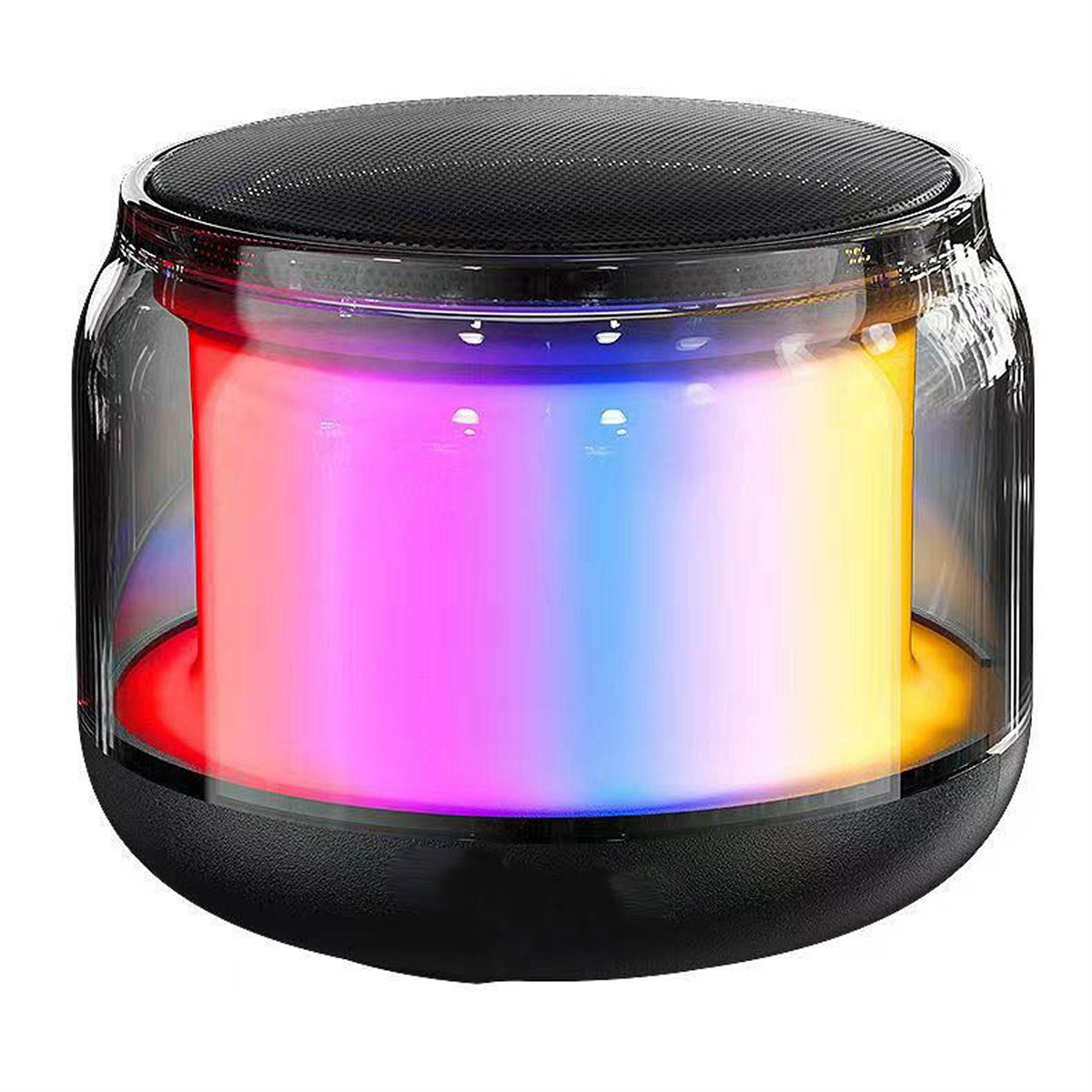 Zylindrischer Lautsprecher mit Glaskörper und farbigen Lichtern im Inneren. Schwarze Ober- und Unterseite.