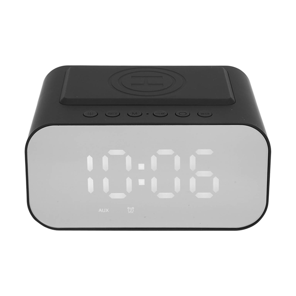 Ein schwarzer digitaler Wecker mit weißer Anzeige, die 10:06 zeigt. Er hat Knöpfe und ein Ladefeld oben.