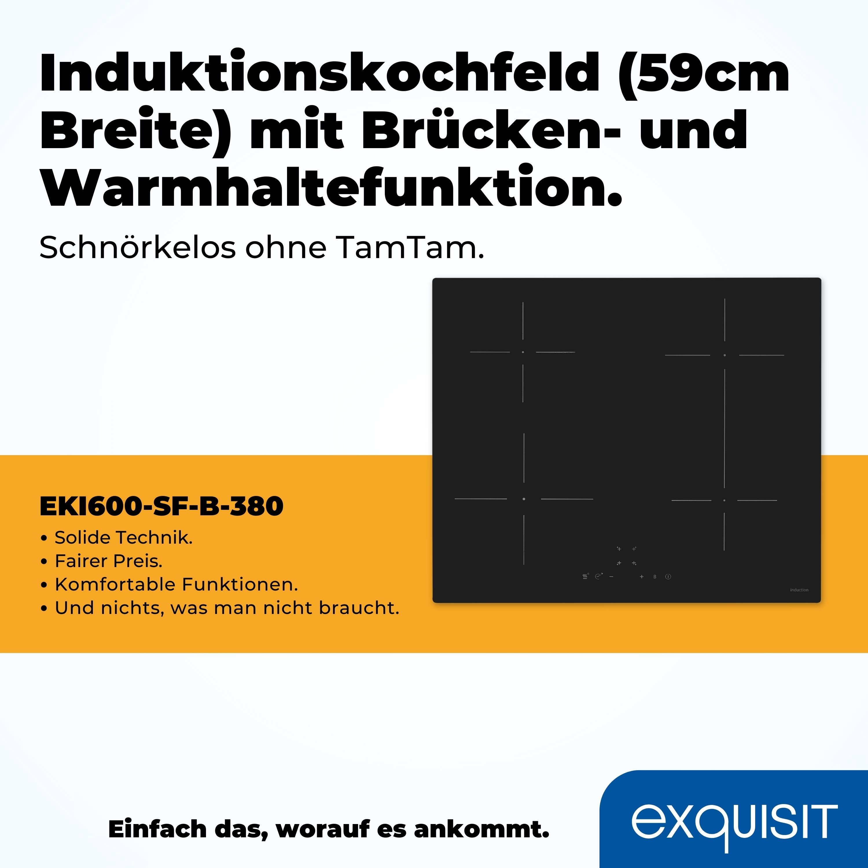 Schwarzes Induktionskochfeld mit deutschem Text, zeigt Funktionen und Design.