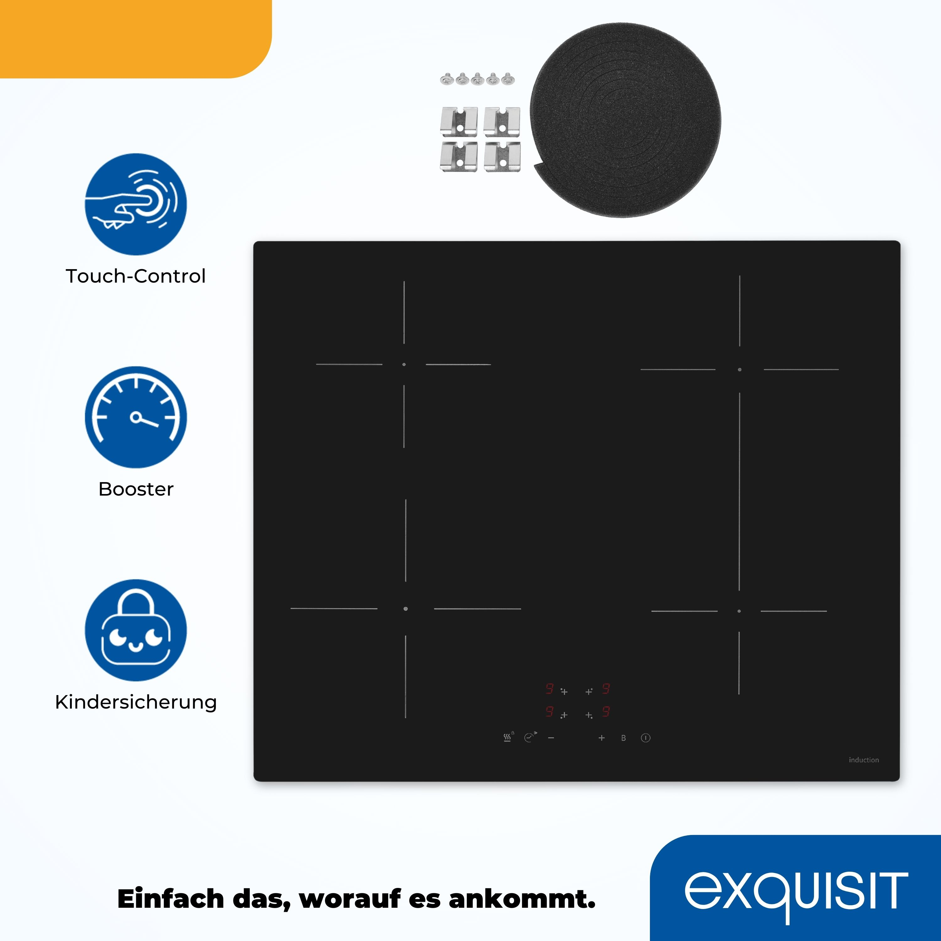 Schwarzes Induktionskochfeld mit Touch-Bedienelementen und Sicherheitsfunktionen. Der Markenname 'exquisit' wird unten angezeigt.