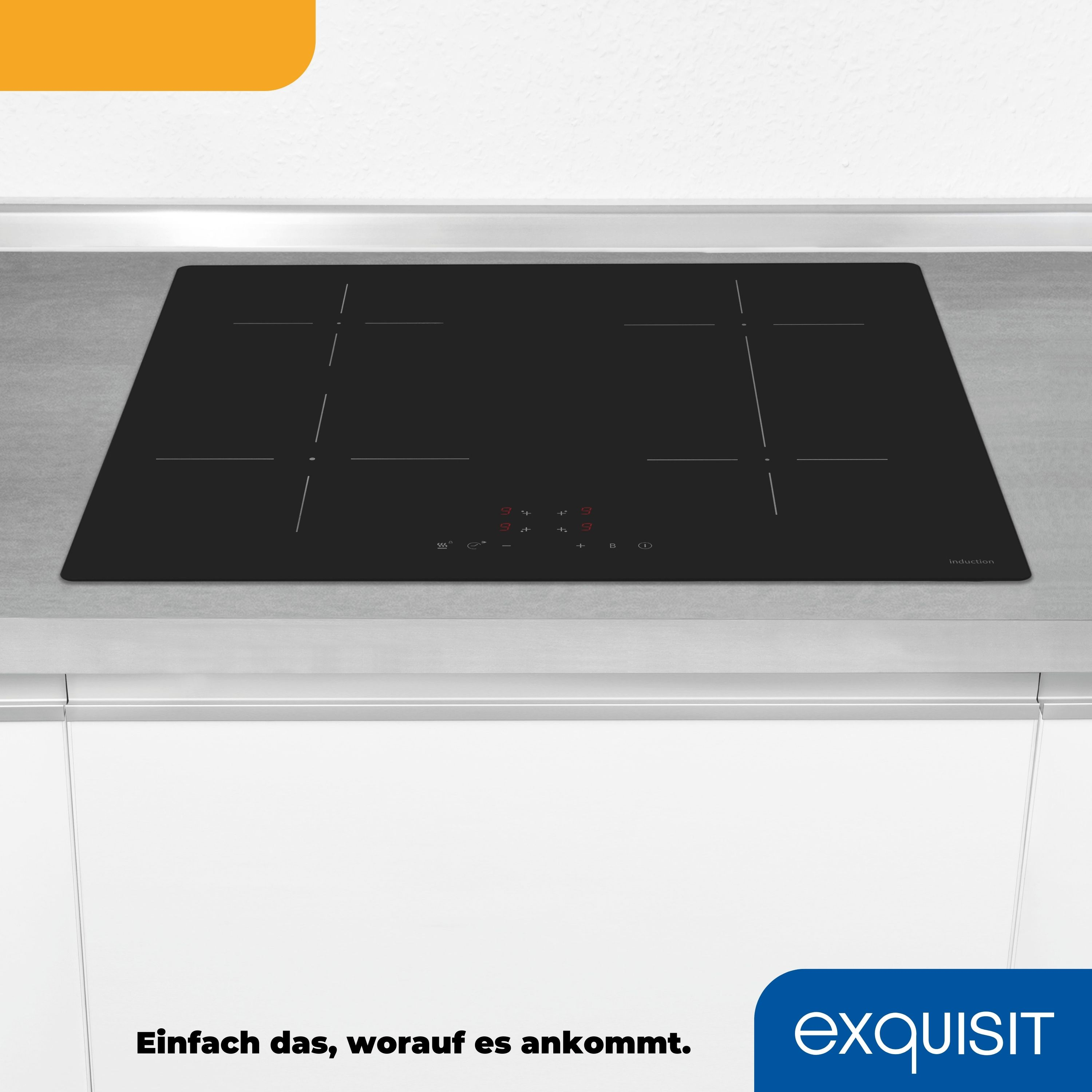 Schwarzes Induktionskochfeld mit 4 Kochfeldern. Das Kochfeld steht auf einer weißen Arbeitsplatte.