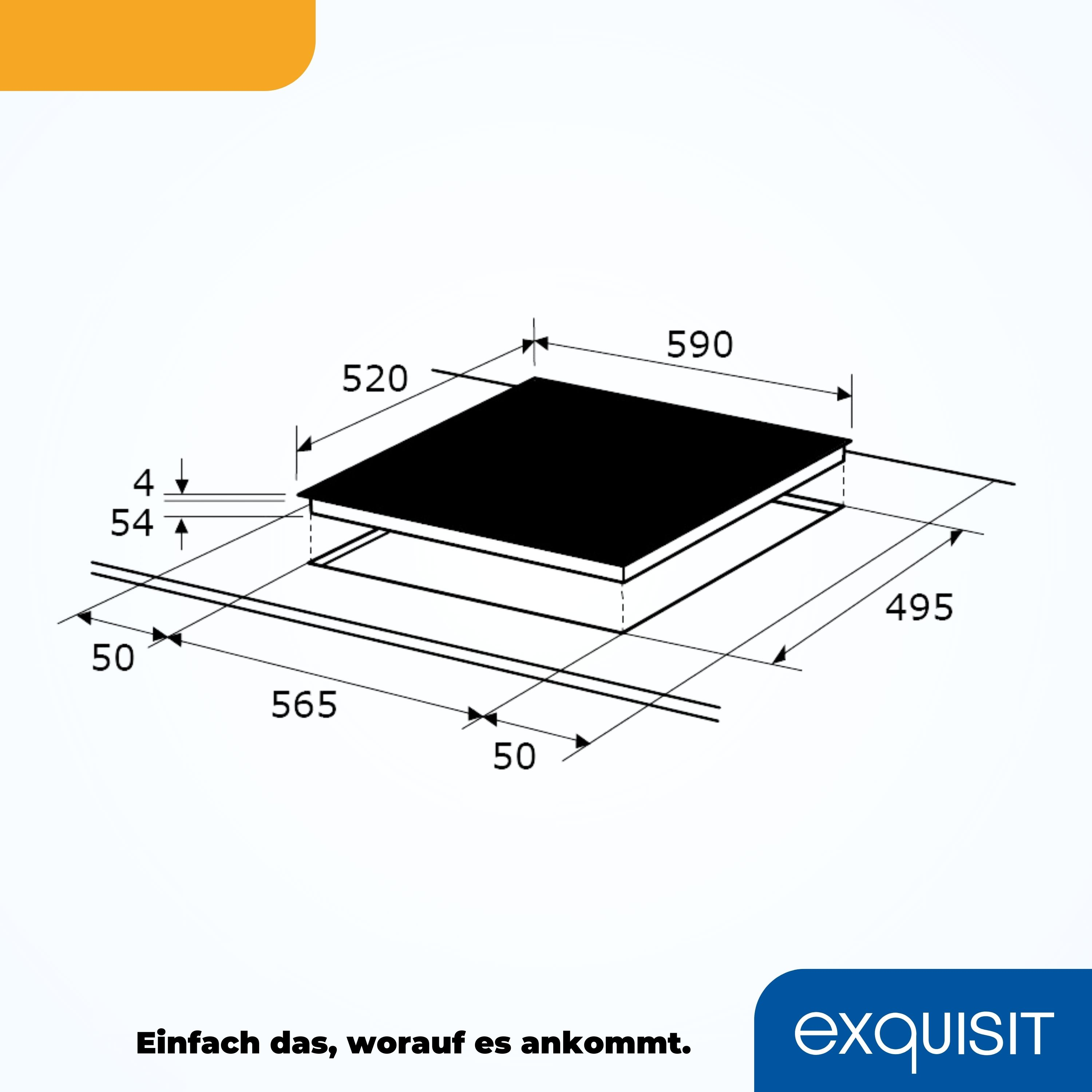 Schwarzes Elektrokochfeld mit Maßen auf dem Bild. Exquisit-Logo unten.