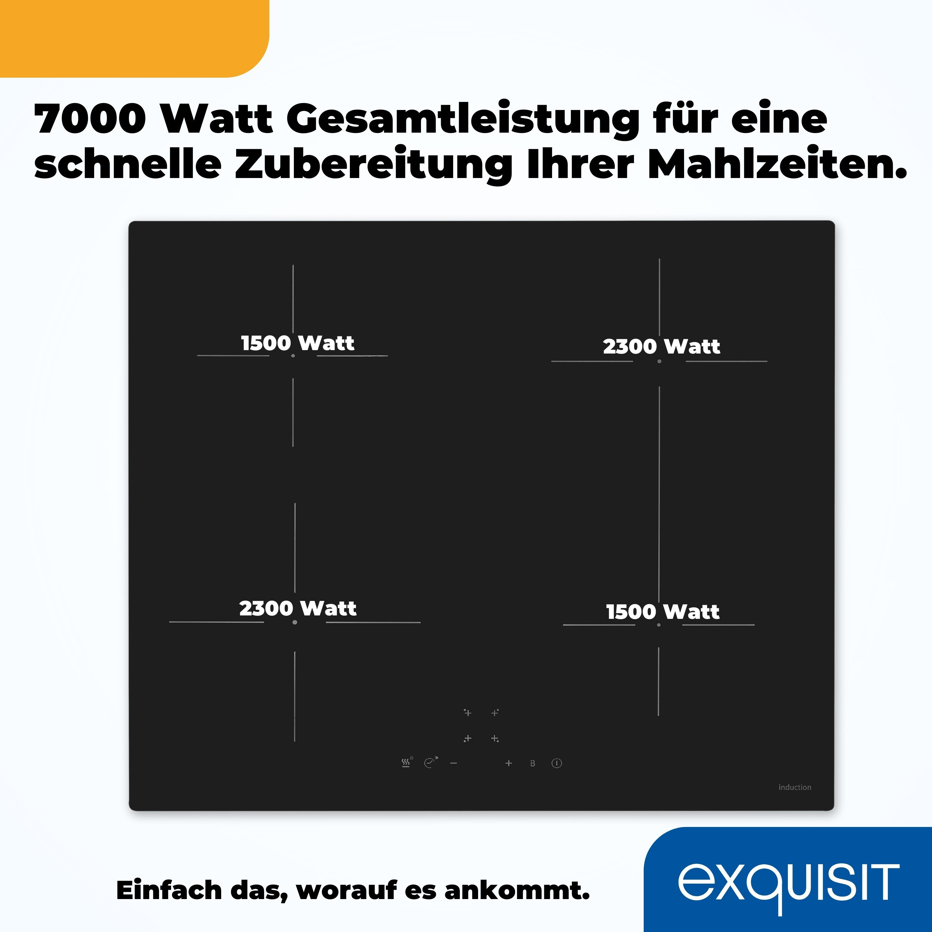 Ein schwarzes Induktionskochfeld mit vier Kochzonen, beschriftet mit Watt, auf schwarzer Oberfläche.