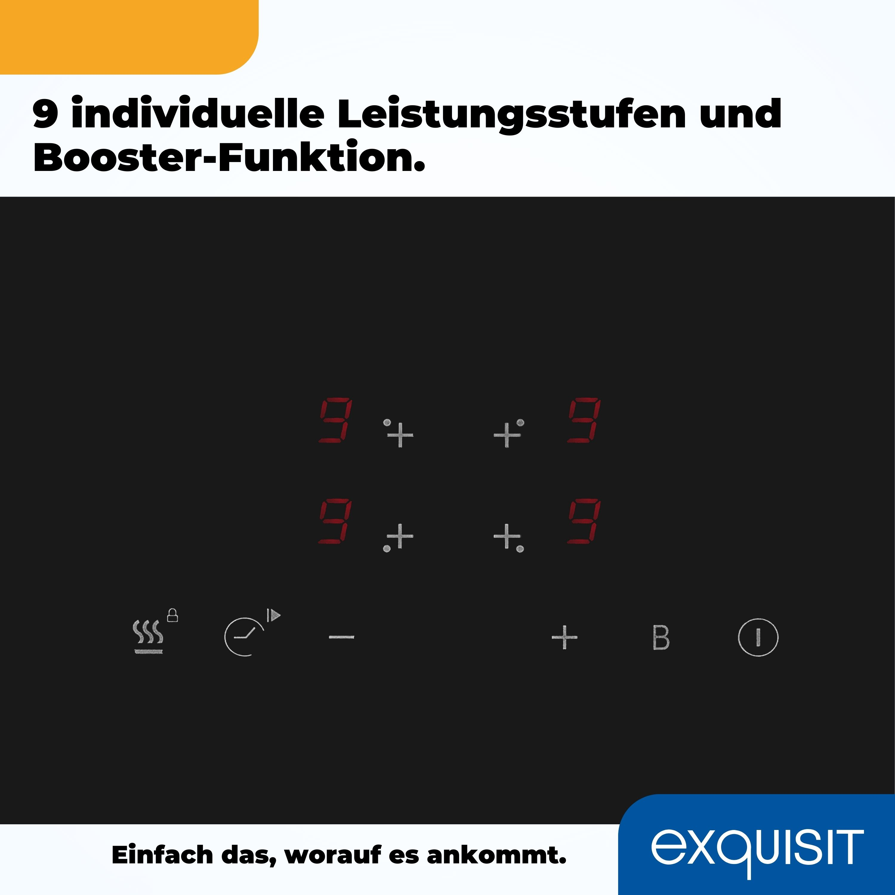 Schwarzes Kochfeld mit Digitalanzeige, Zahlen und Symbole, mit weißem Text.