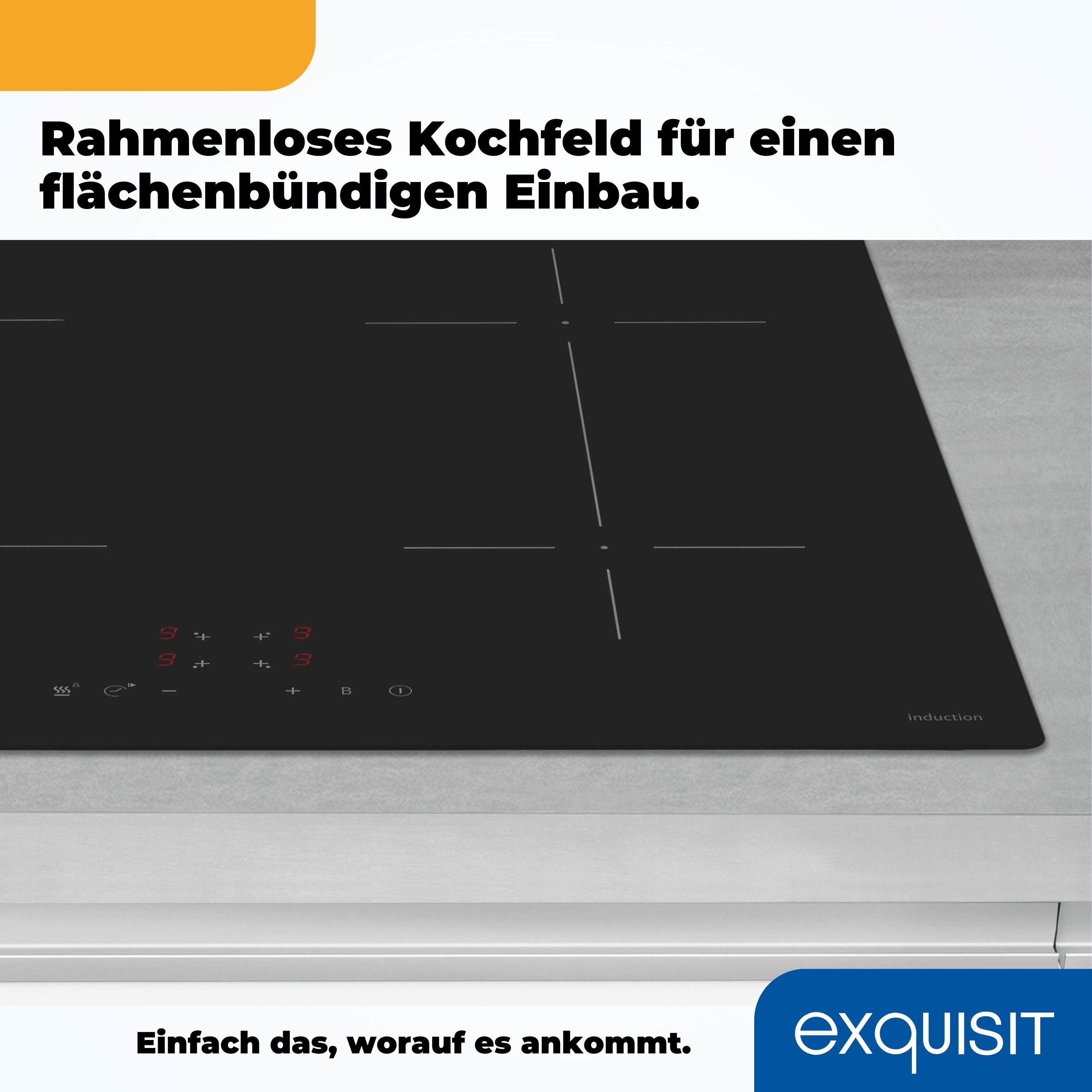 Schwarzes Induktionskochfeld mit Touch-Bedienelementen, Nahaufnahme auf weißer Oberfläche.