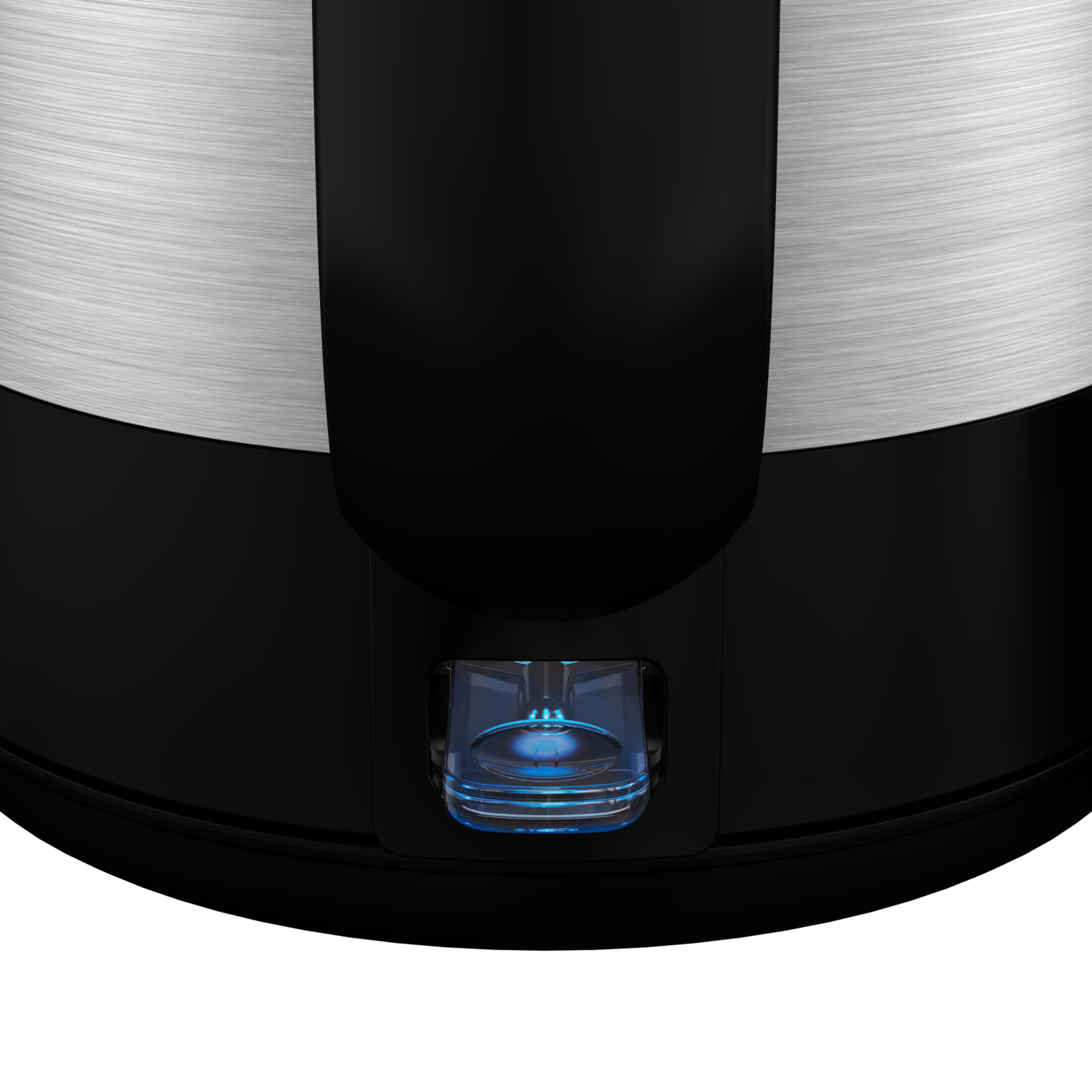 Primo piano di un bollitore elettrico nero e argento con luce blu.