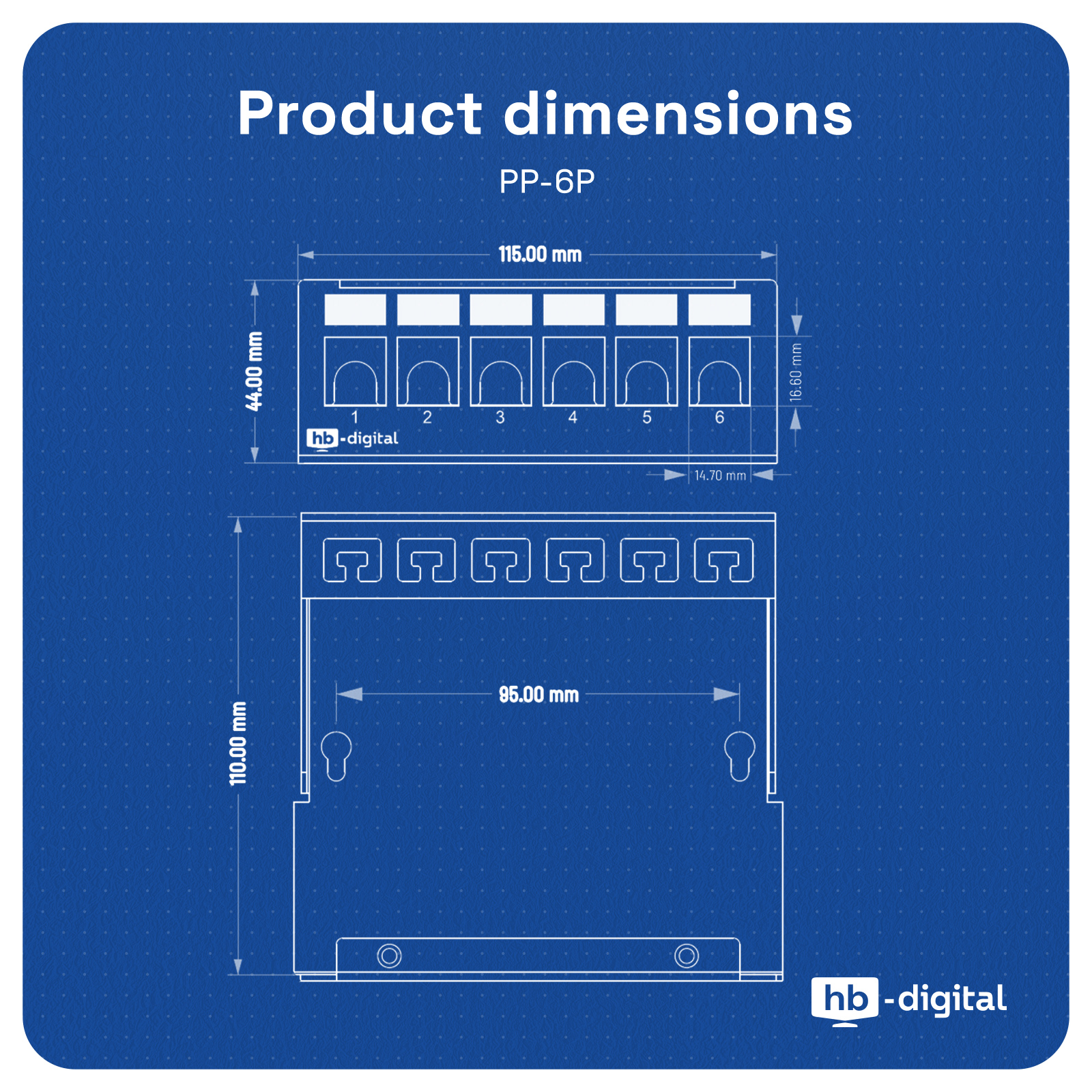 Produktdiagramm mit Draufsicht und Untersicht eines rechteckigen Geräts mit Abmessungen.