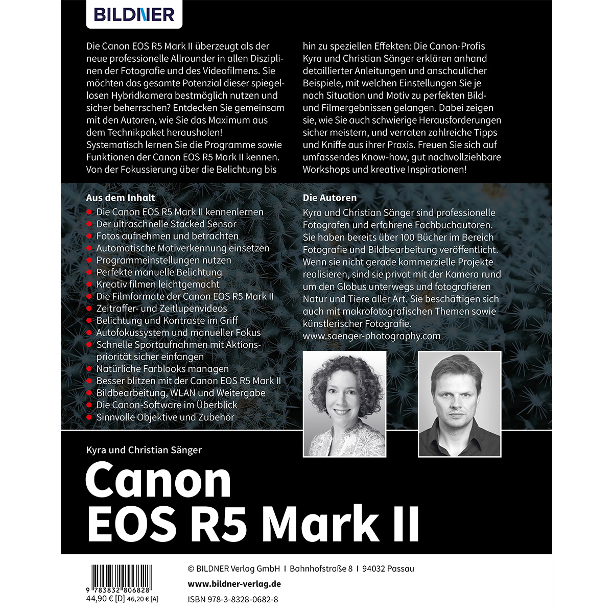 Buchcover für einen Canon EOS R5 Mark II-Fotografie-Leitfaden, mit Autoren und Inhaltsübersicht.