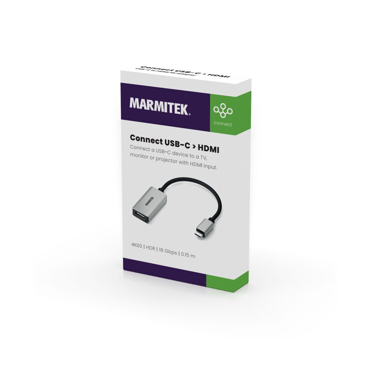 Una scatola bianca con un adattatore USB-C a HDMI argentato. La scatola presenta il marchio e le informazioni sul prodotto. Sfondo bianco.
