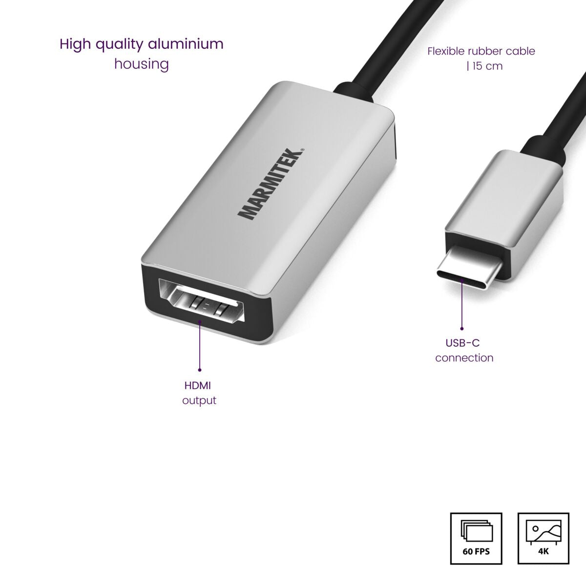 Cavo adattatore HDMI a USB-C argento, con etichette e cavo flessibile nero.