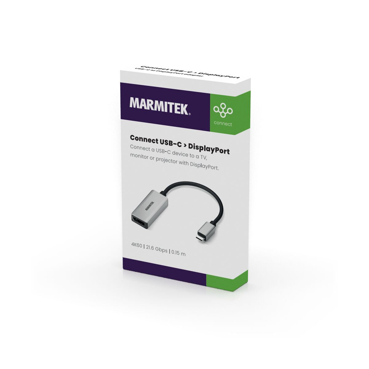 Boîte avec texte et un adaptateur USB-C vers DisplayPort. La boîte est blanche, l'adaptateur est argenté. Fond blanc.