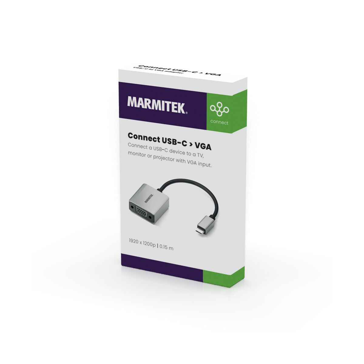 Una scatola bianca con il logo Marmitek. Dice 'Connect USB-C <gt/> VGA' e mostra un adattatore grigio.
