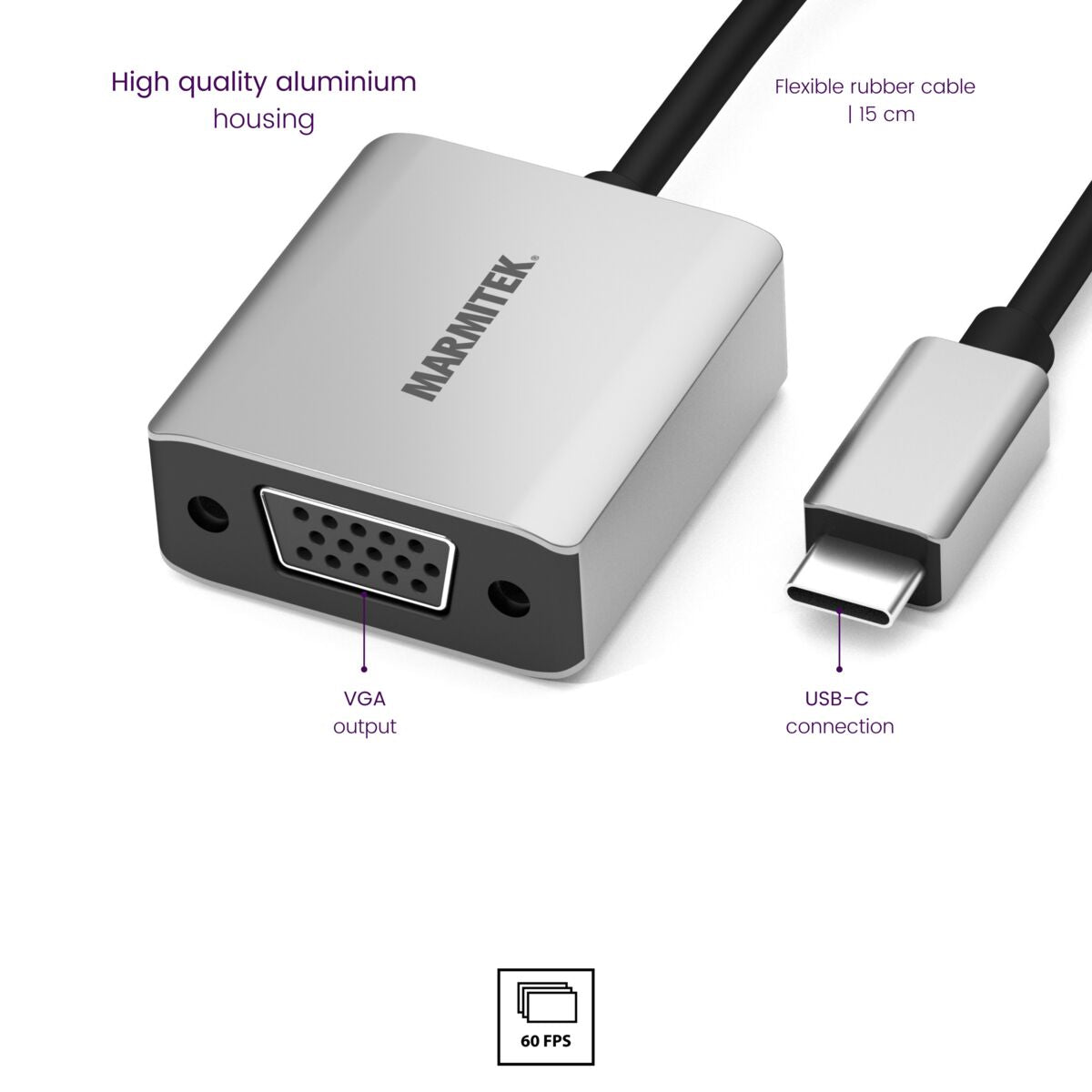 Adattatore argento con uscita VGA e connessione USB-C, più un cavo nero.