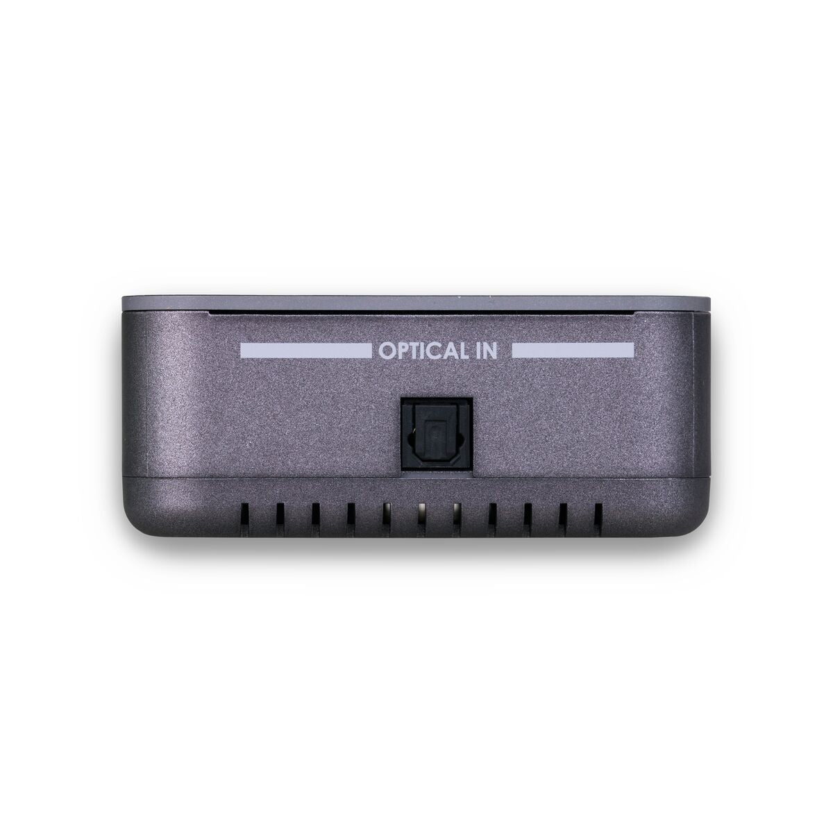 Un appareil rectangulaire gris avec le texte 'OPTICAL IN' et un port noir.