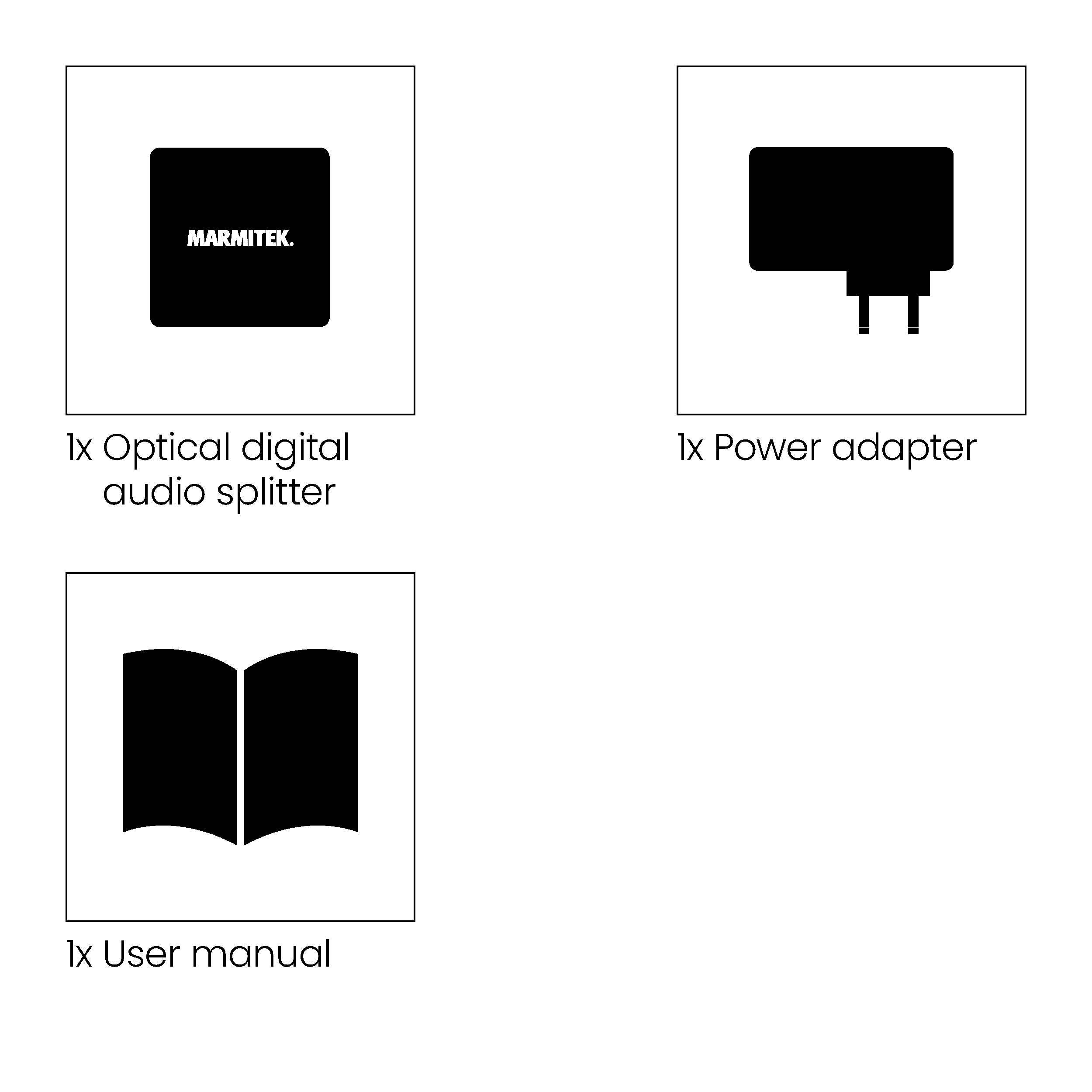 Three black and white product icons: an optical splitter, a power adapter, and a user manual.