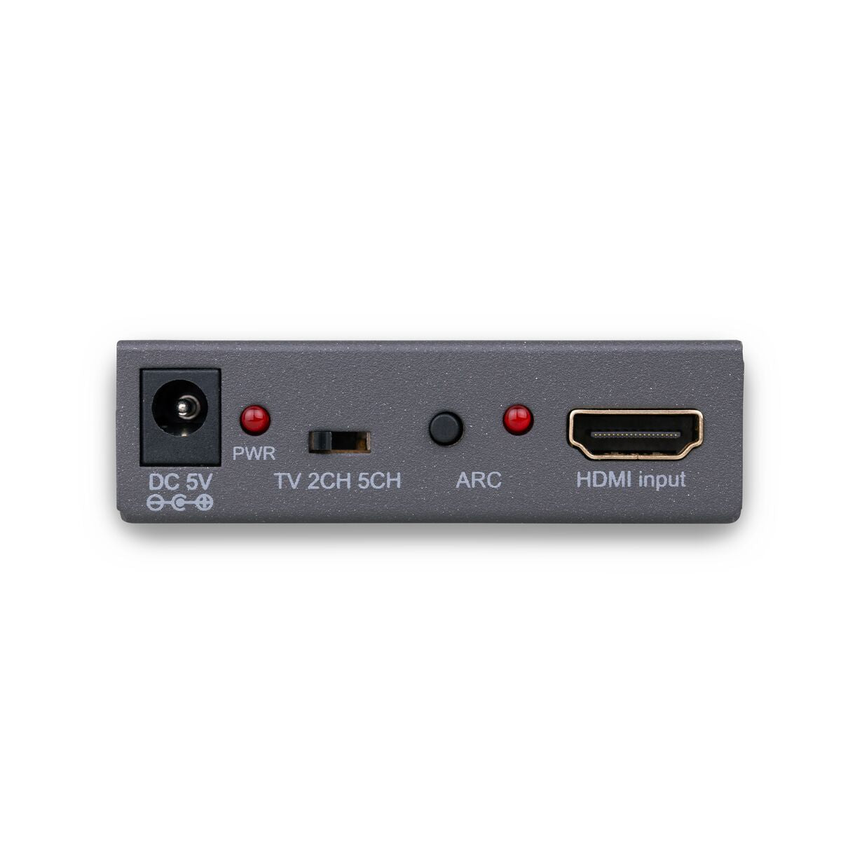 A gray HDMI input adapter with power, TV, ARC, and HDMI input ports is shown on a white background.