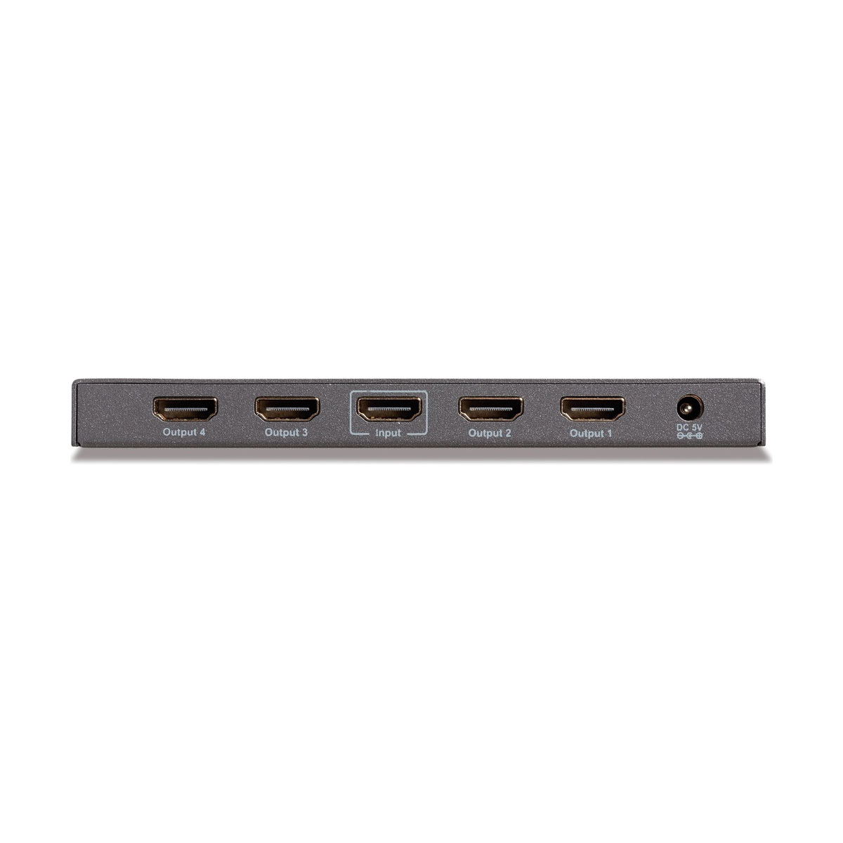 Splitter HDMI nero con 4 porte di uscita, 1 porta di ingresso e una porta DC 5V.