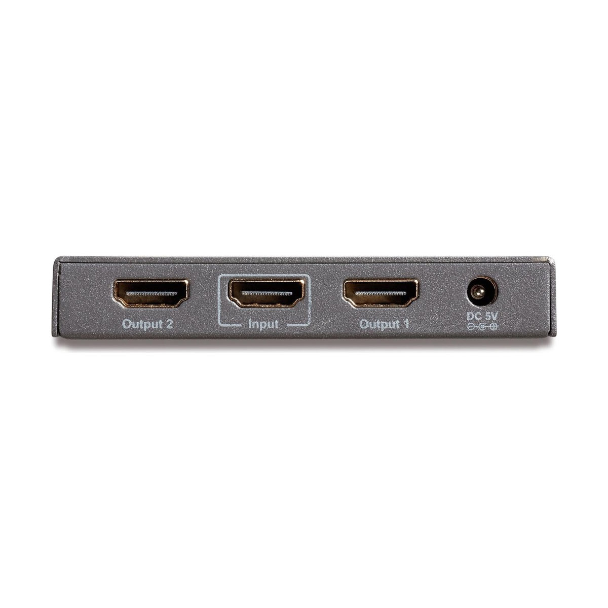 Ein grauer HDMI-Splitter mit drei Anschlüssen: Output 2, Input und Output 1.