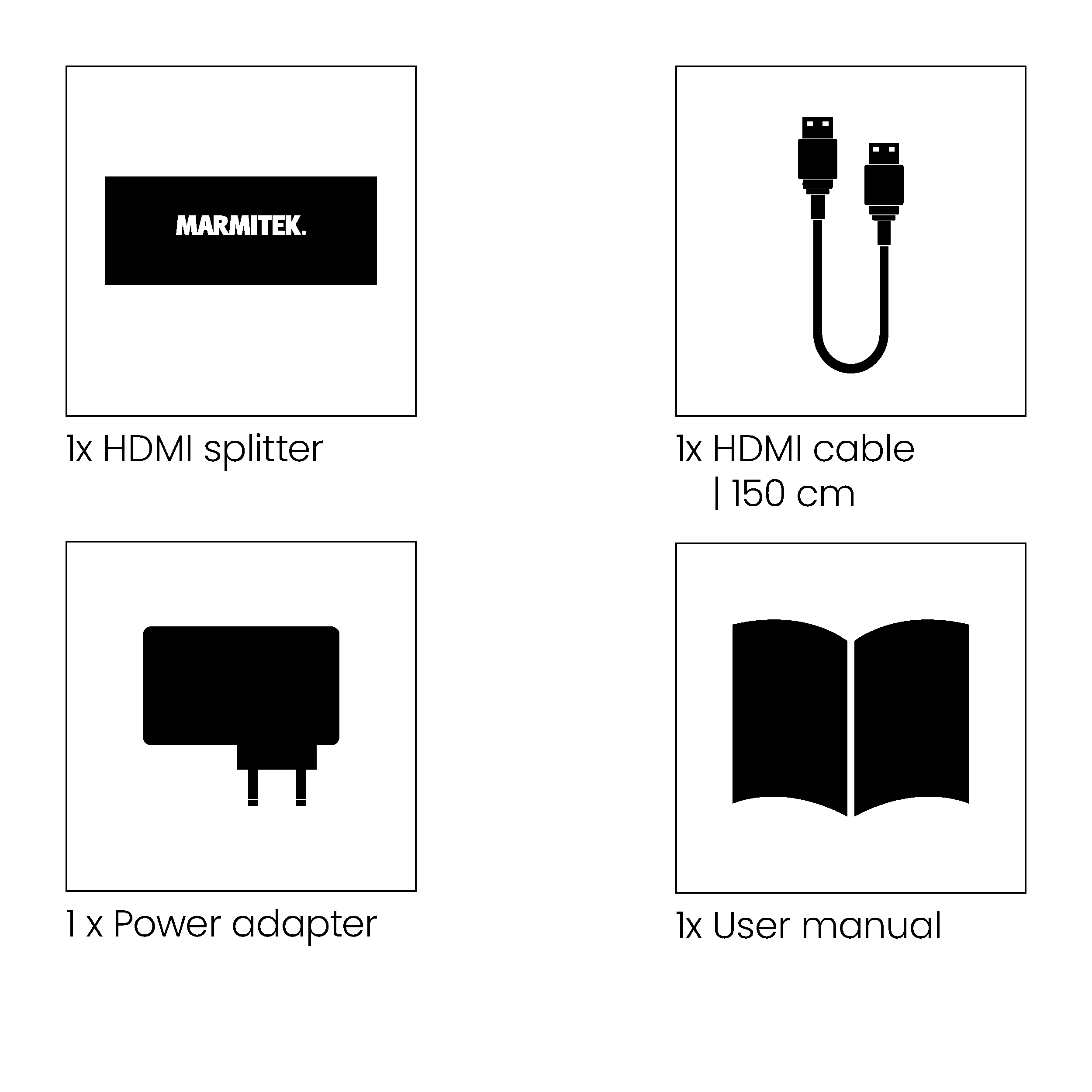 Quattro componenti dell'imballaggio del prodotto in bianco e nero: splitter HDMI, cavo HDMI, adattatore di alimentazione e manuale utente.