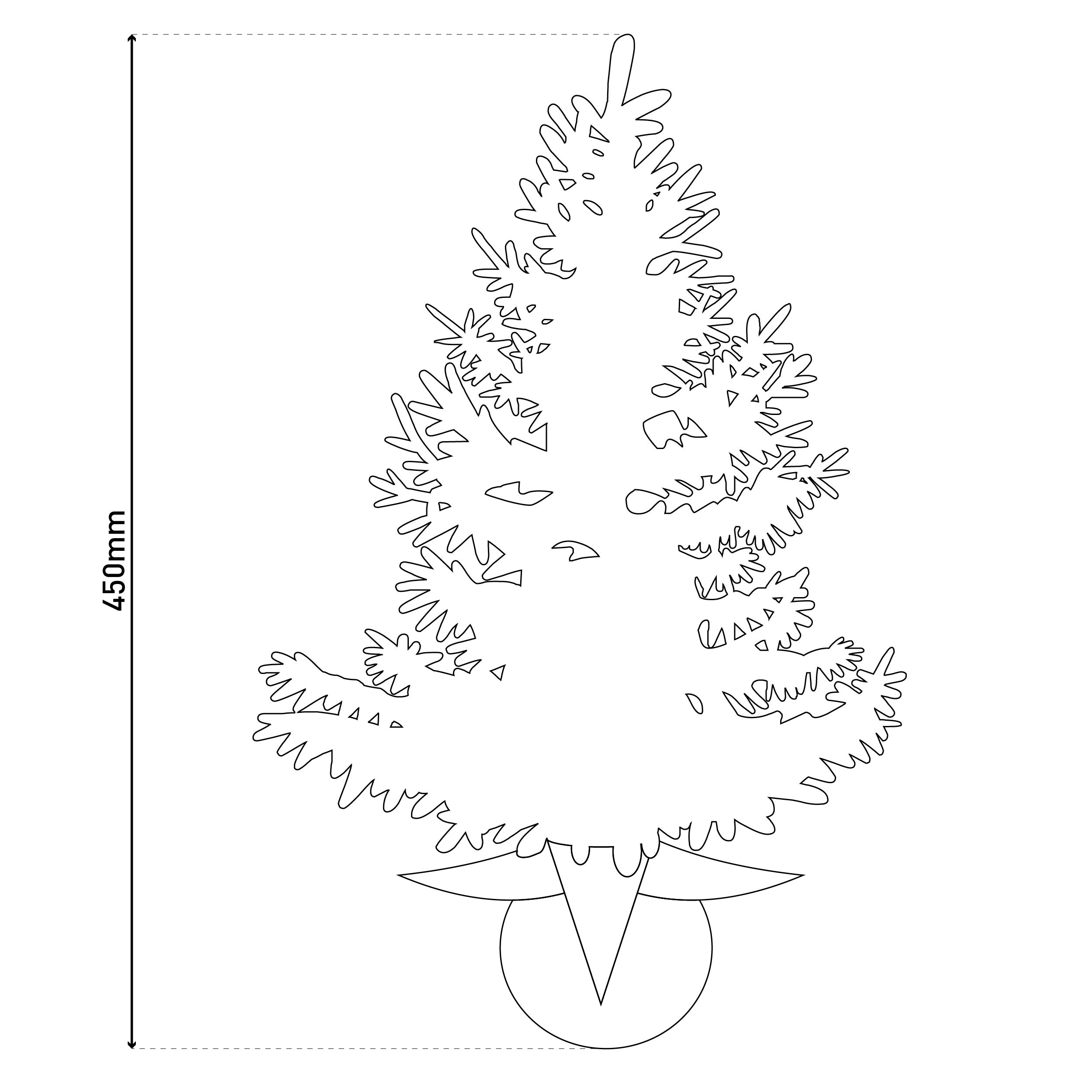 Strichzeichnung eines Weihnachtsbaums mit Basis, Stamm und Maßangabe von 450 mm.