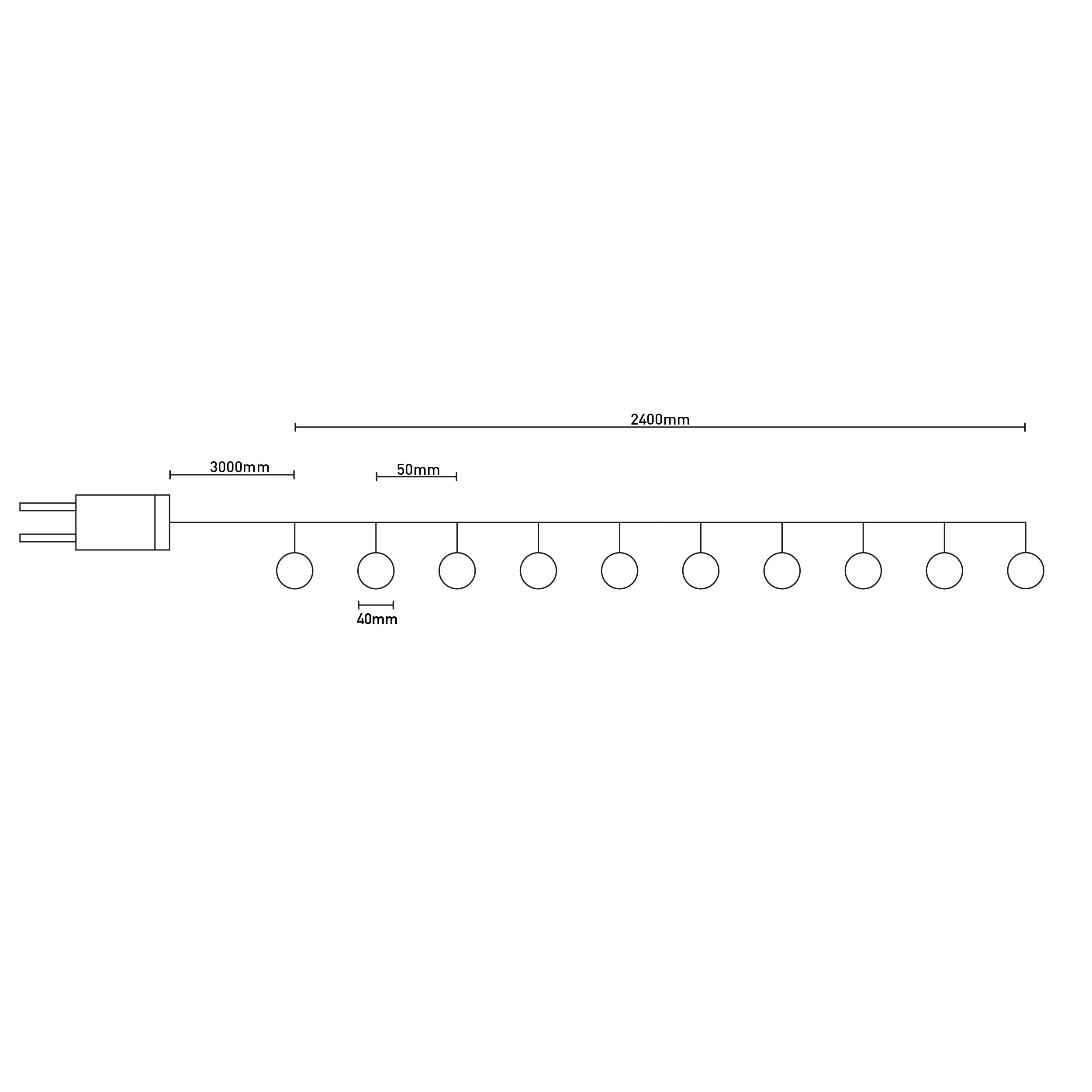 Lineares Diagramm mit Kreisen und Messungen. Lange Linie mit Kreisen, Messungen oben und unten.