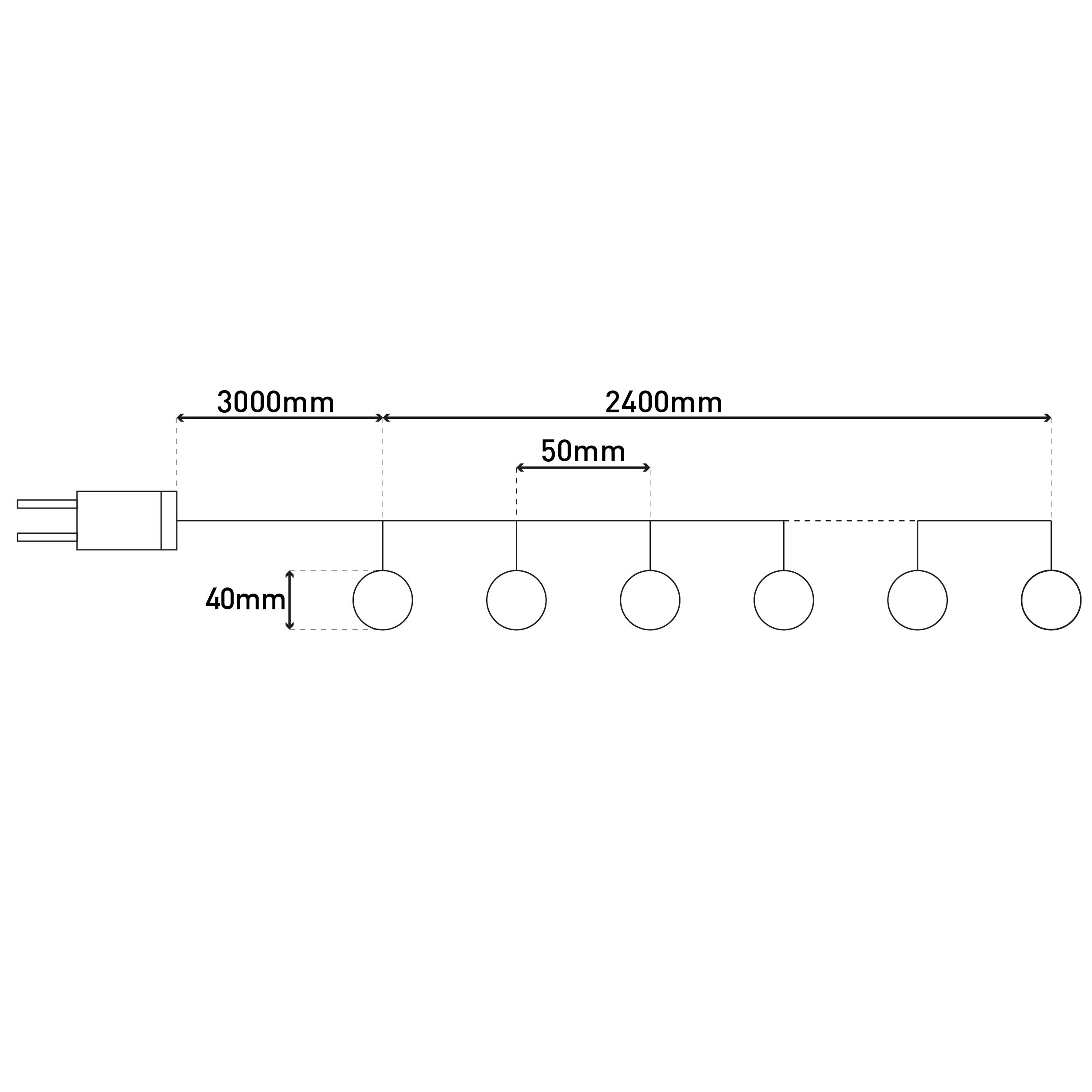 Ein Diagramm, das eine Reihe von sieben kreisförmigen Lichtern zeigt, die mit einem Stecker verbunden sind, mit Messungen.
