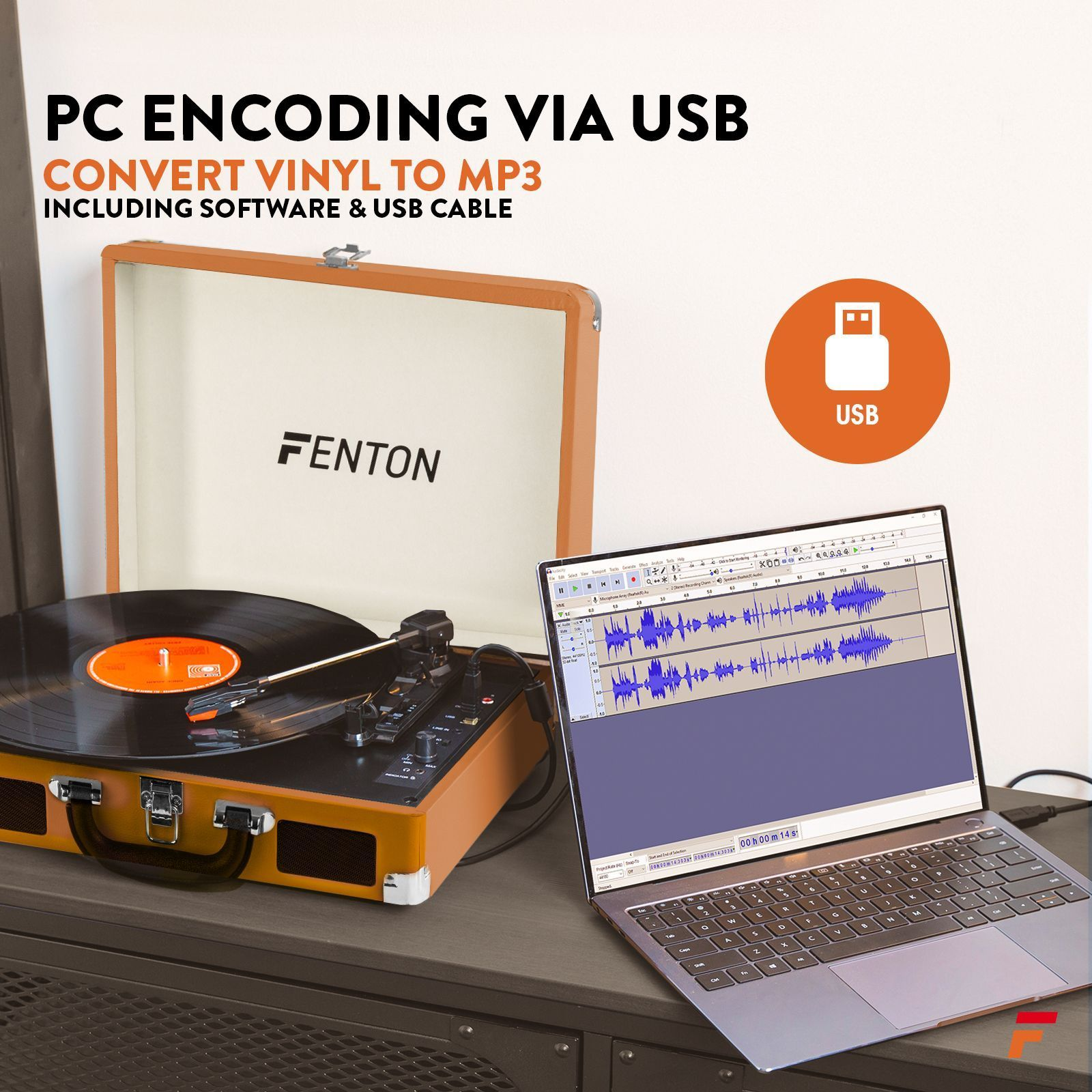 Plattenspieler mit Laptop und Text: PC ENCODING VIA USB.