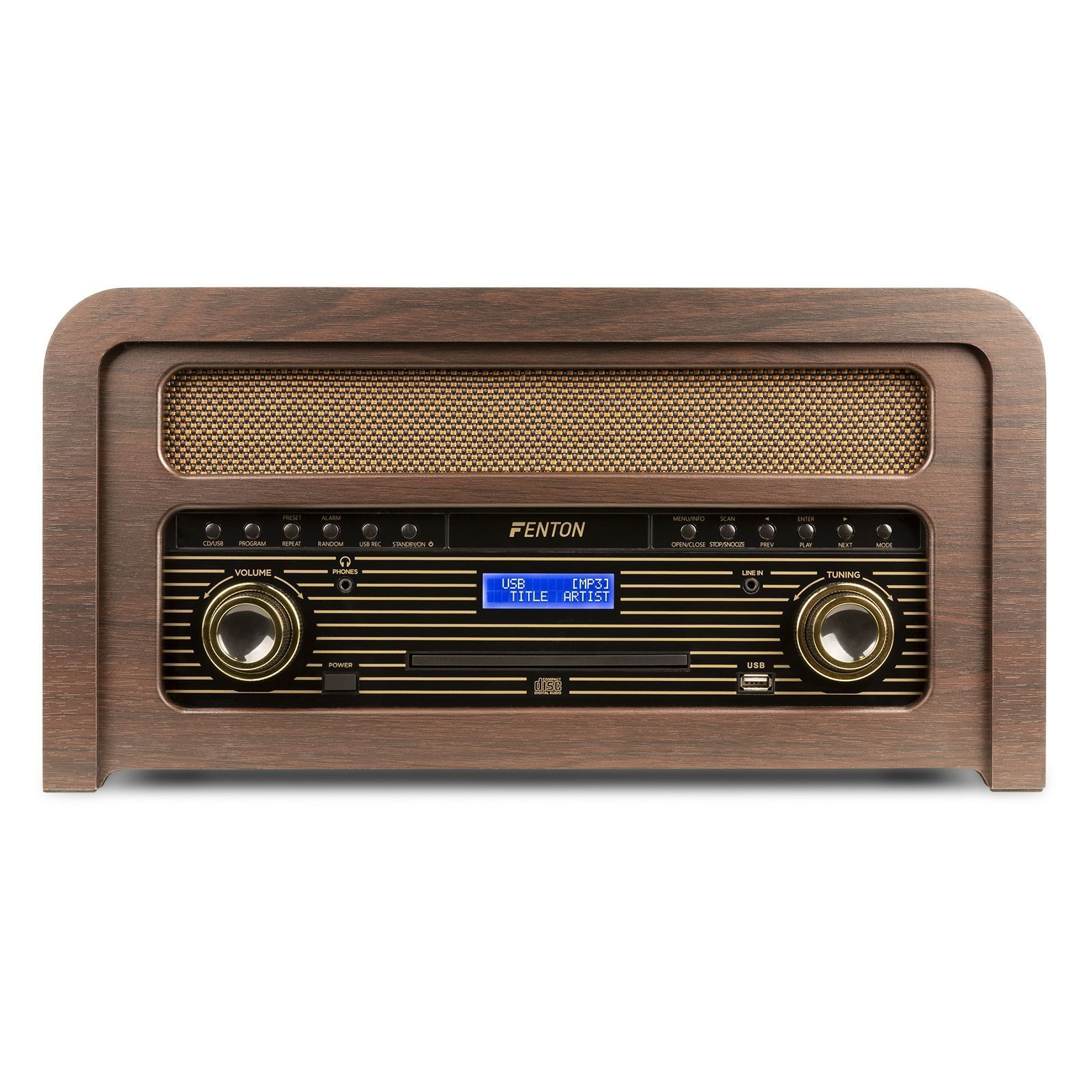 Holzradio im Vintage-Stil mit goldenen Details, Knöpfen und blauem LED-Display.
