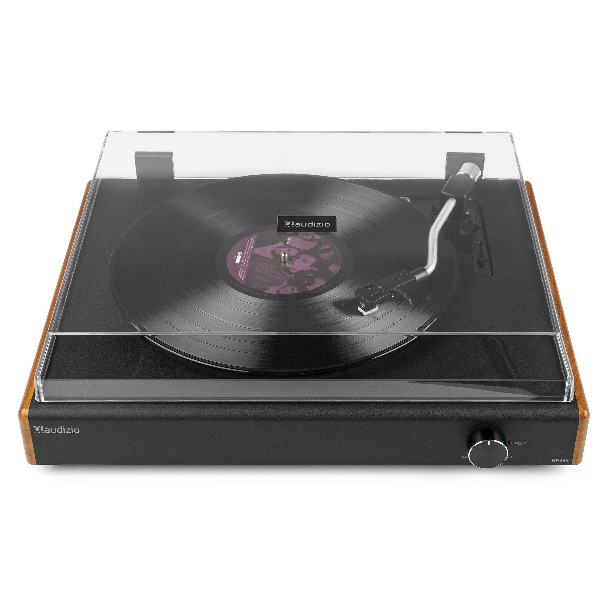 Tocadiscos con disco negro, cubierta transparente y base de madera. Aguja y controles visibles.