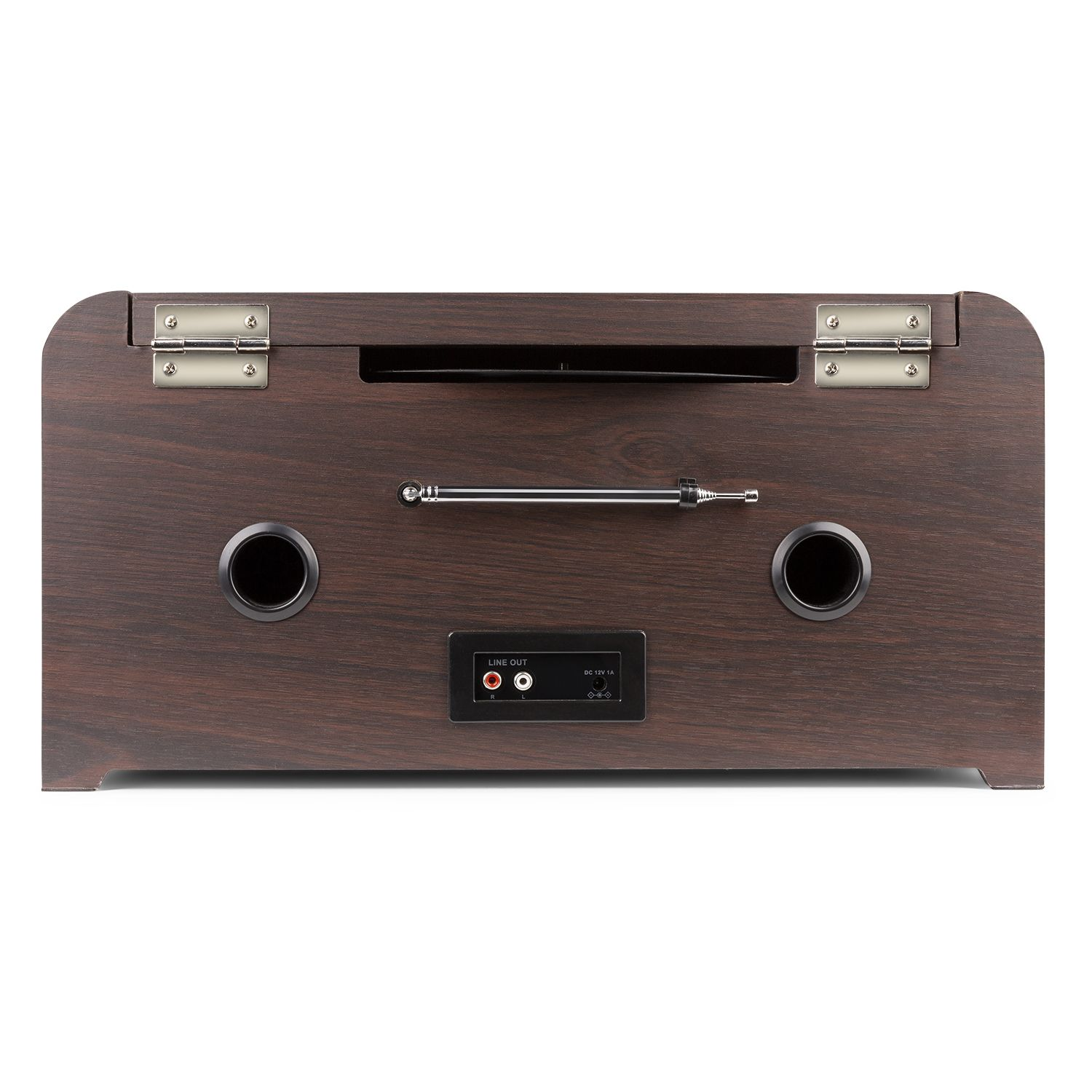 Die Rückseite eines Retro-Radios/Plattenspielers aus Holz mit Lautsprechern, Line-in und DC-Eingang.