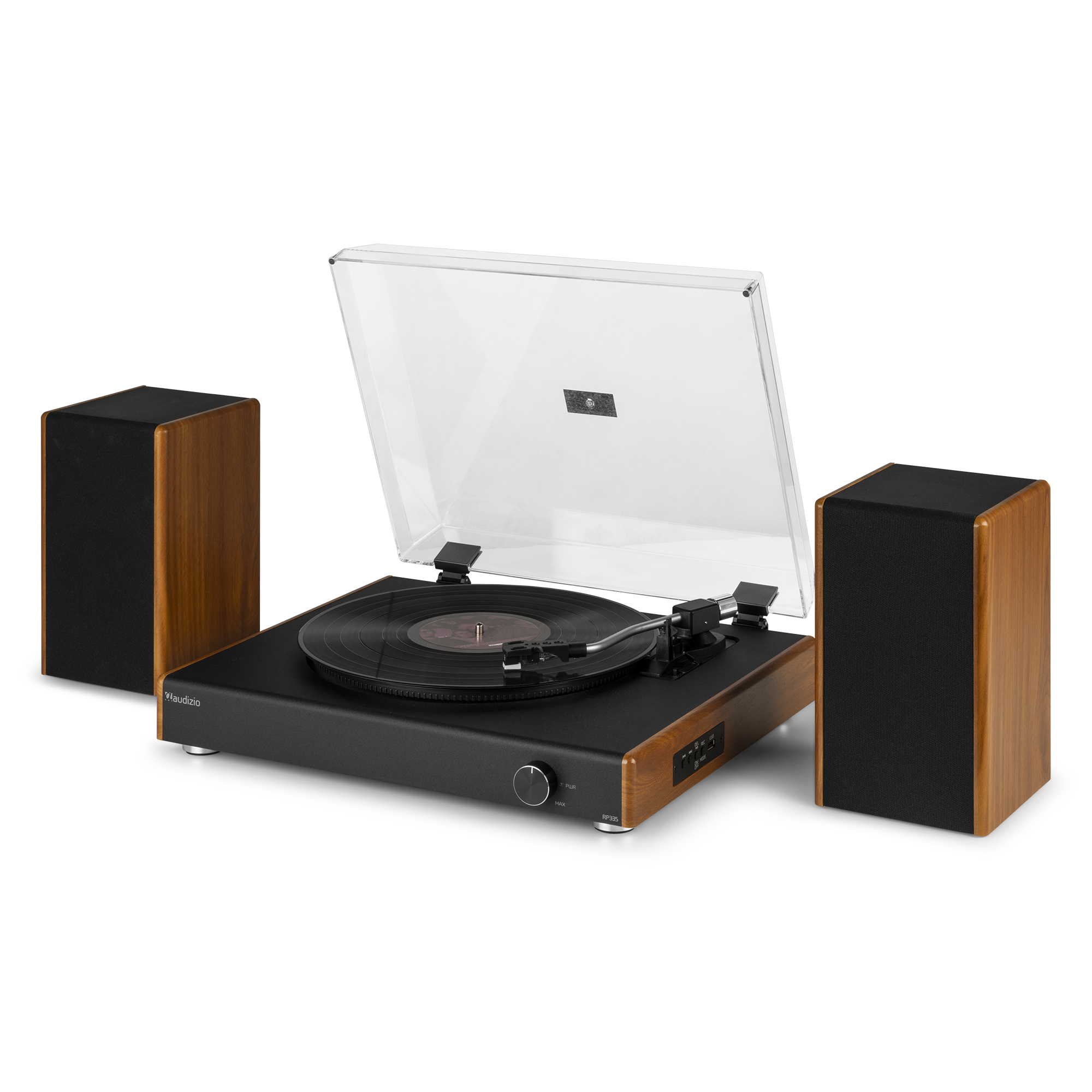 Un tocadiscos con dos altavoces. El tocadiscos es negro y color madera, con una cubierta transparente.