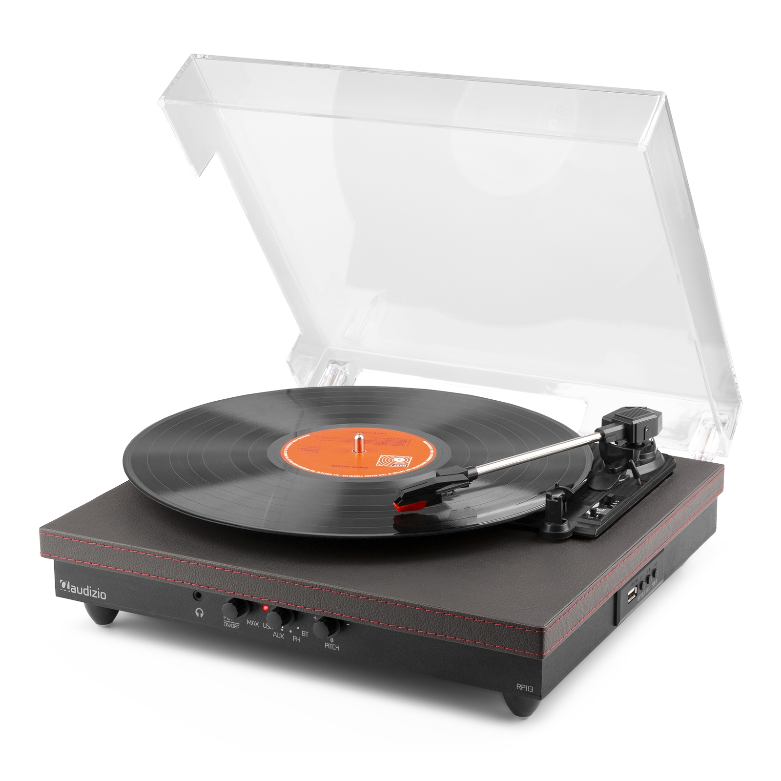 A turntable with a record on it and a clear plastic cover. Black and gray design.