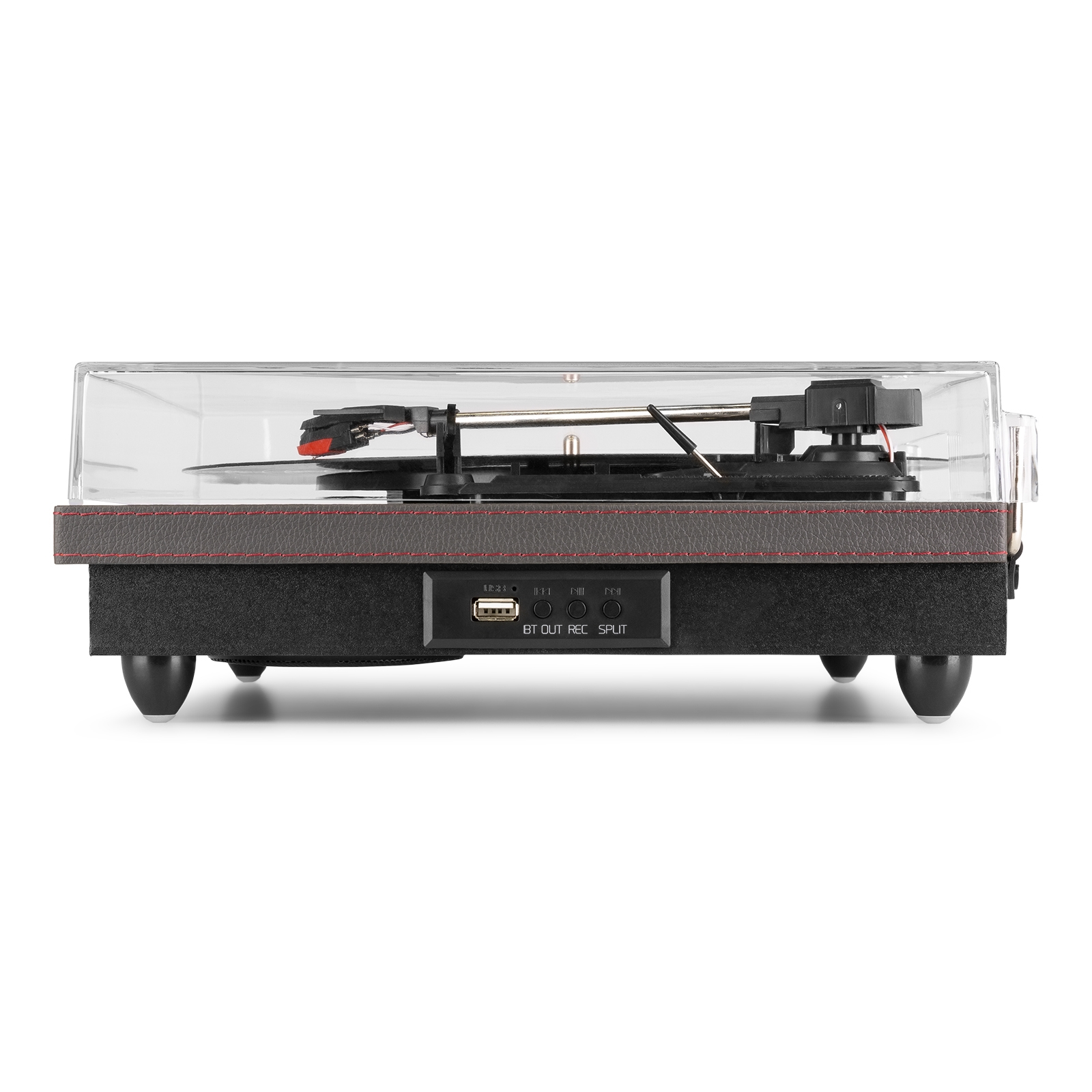A record player in a clear case, with a black base and silver tone details. Buttons on the front.